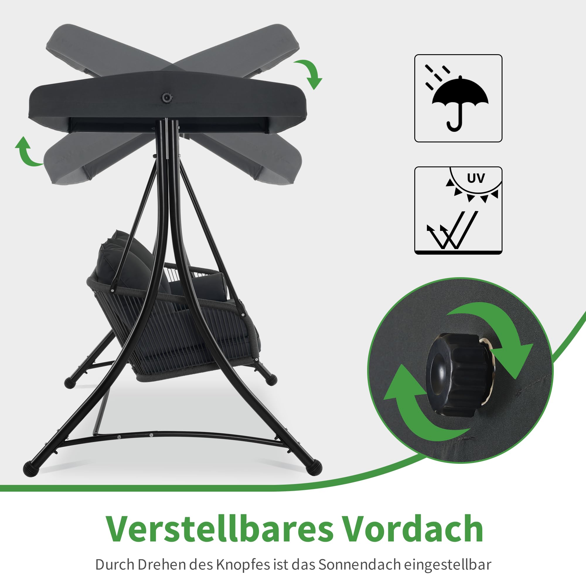 M MCombo Hollywoodschaukel 3-Sitzer, Gartenschaukel mit Verstellbarem Sonnendach, Schaukelbank Outdoor, Gartenliege Wetterfest, Sitzbezug Abwaschbar 8026DEY (Dunkgelgrau)