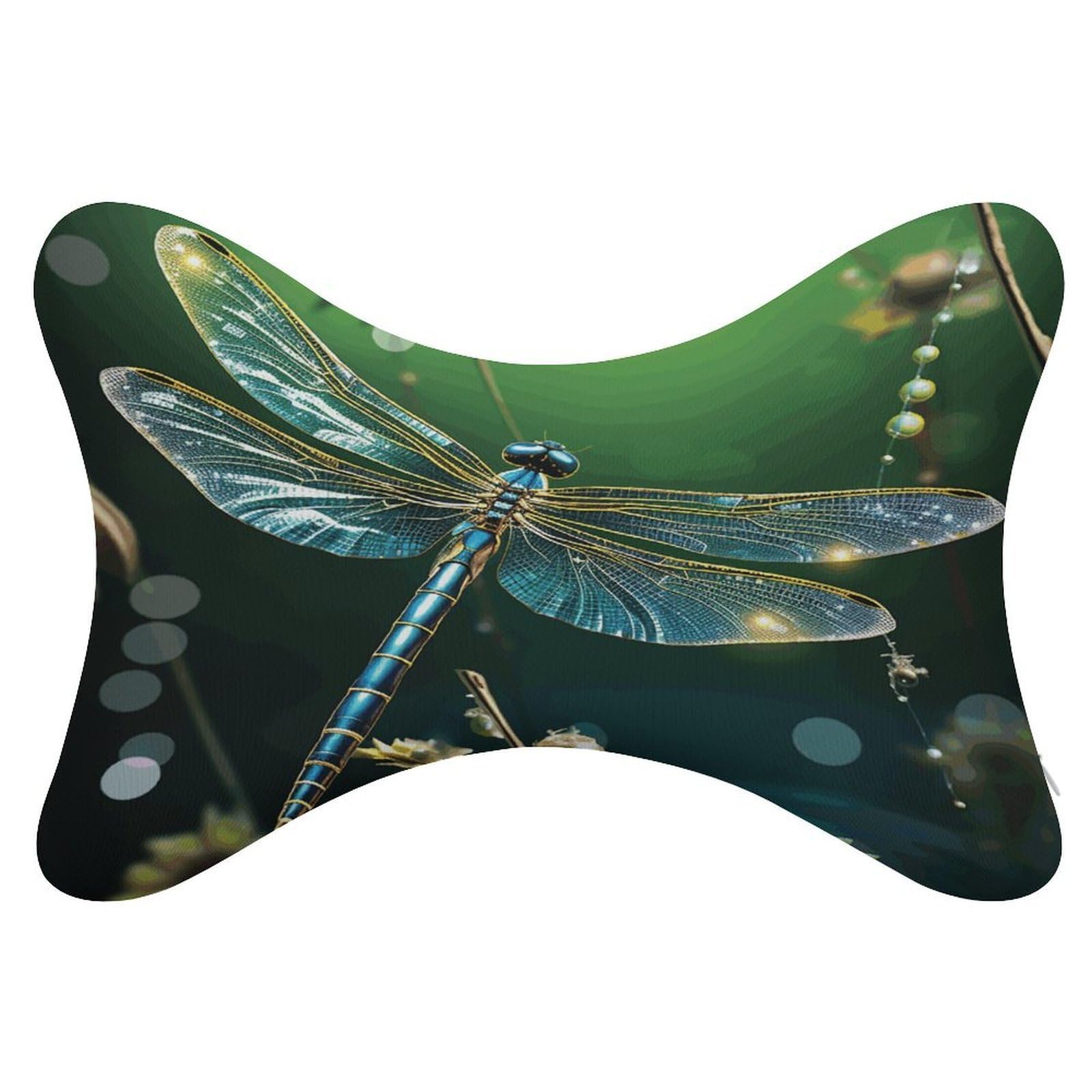 VstaDank - Green Dragonfly Car Neck Pillows, Set of 2 Removable Ergonomic Bone Shaped Neck Pillows, Soft Car Headrest Pillows for Office, Airplane