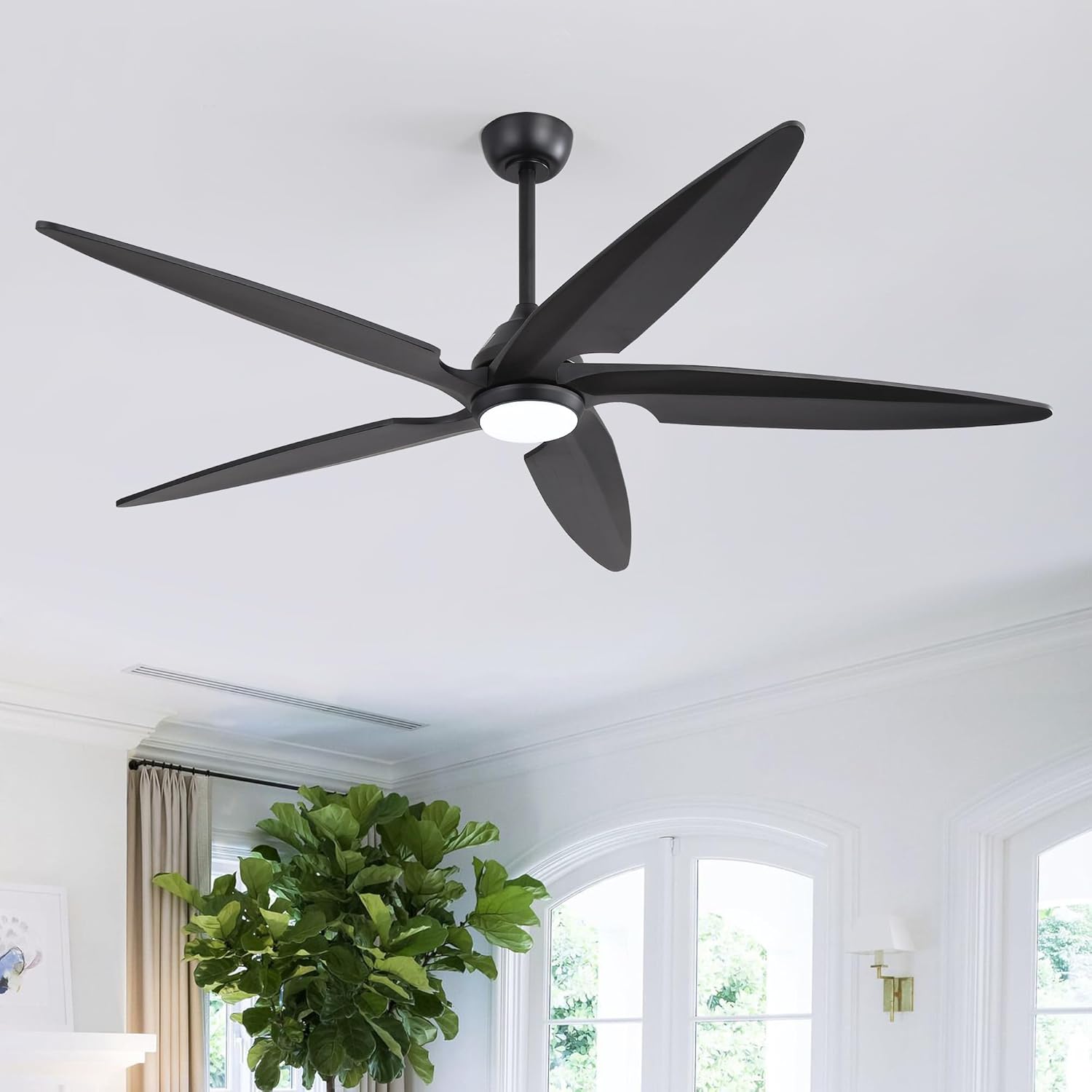 54 Inch Modern Ceiling Fan with Lights and Remote, 5 Wood Blades, 6-Speed Noiseless Reversible DC Motor with Replaceable Downrods for Bedroom Living Room Dining Room, Black Black 54"