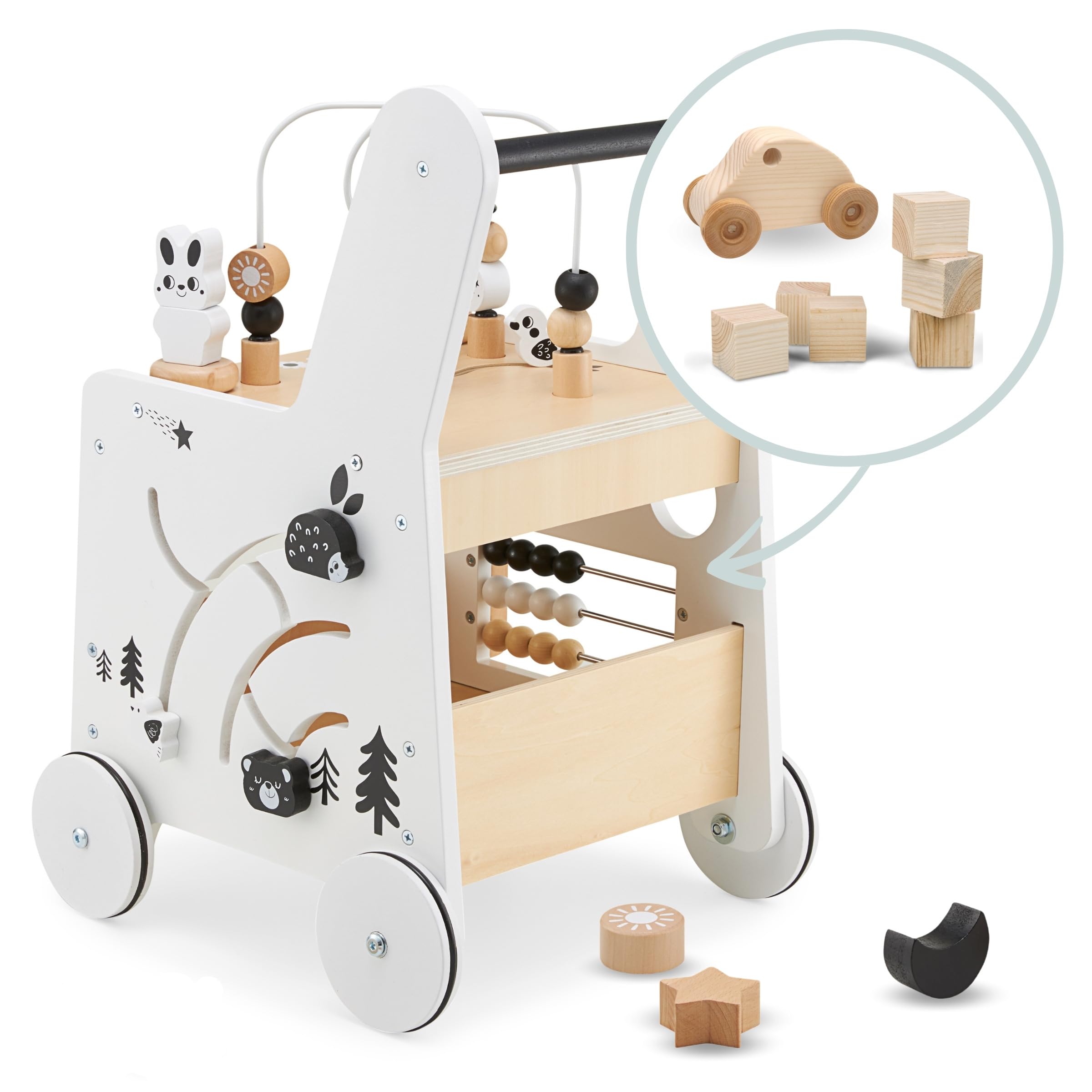 Mamabrum Caminadora y Andador Bebé 6 en 1 - Mesa Educativa de Madera con Ábaco, Engranajes y Juegos - Centro de Actividades para Primeros Pasos - 31 x 28 x 49 cm