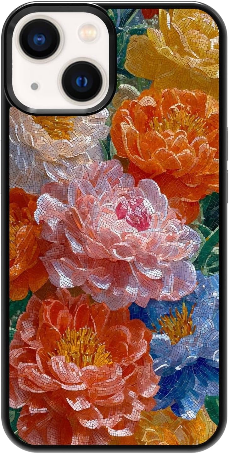 Colorful Flower Mosaic Peony Rose Tiled Floral Art Vibrant Garden Artistic Phone Case, Shockproof Protective Cover for iPhone 11 12 13 14 15 16 17 Pro Max Plus Mini XR 7 8 SE