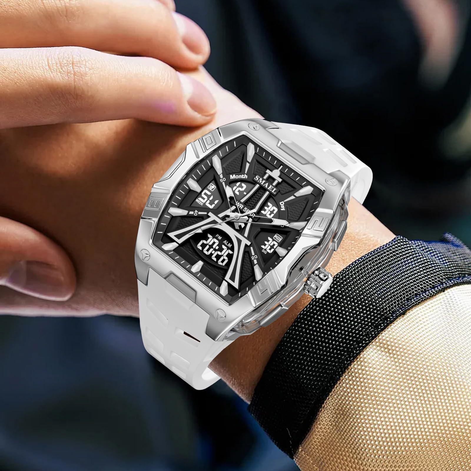 Gosasa Montre de sport analogique et numérique pour homme - Résistante à l'eau jusqu'à 50 m - Avec rétroéclairage LED, chronomètre, alarme, date et semaine - Bracelet en silicone