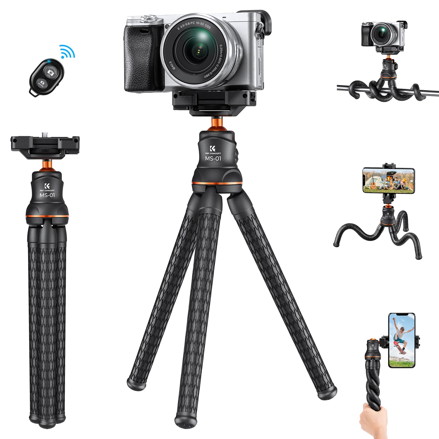 Statyw do smartfonów i aparatów, K&F CONCEPT MS01 Elastyczny statyw ośmiornica z pilotem Bluetooth, Selfie Stick do iPhone Samsung Huawei Canon Nikon Sony DSLR, głowica kulowa 360°, Gorillapod