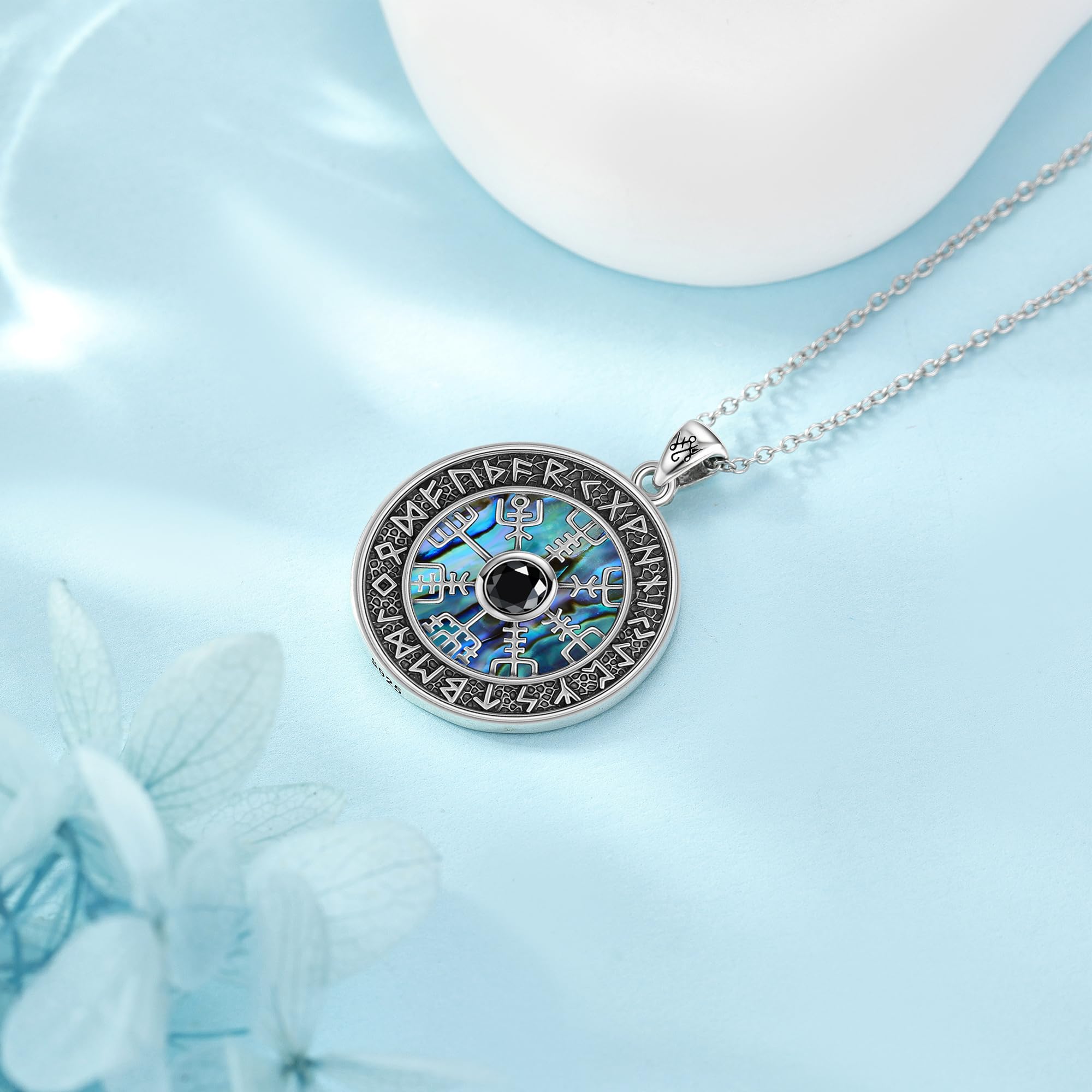 JERWLI Wikinger-Kompass-Halskette aus 925 Sterling Silber, Runen Vegvisir-Anhänger-Halskette, Schmuckgeschenk zum Muttertag für Frauen und Mütter.