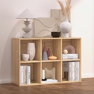 Wooden 6 Cube Storage Organizer with Closed Back Panel,Oak Cube Shelf He...