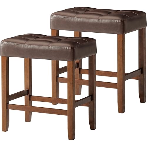 Carte: A La Carte Home Harper 26 Inch Tall Counter Height Backless Stool in True Walnut Wood Finish with Distressed Brown Vegan Leather Seat, Set of 2