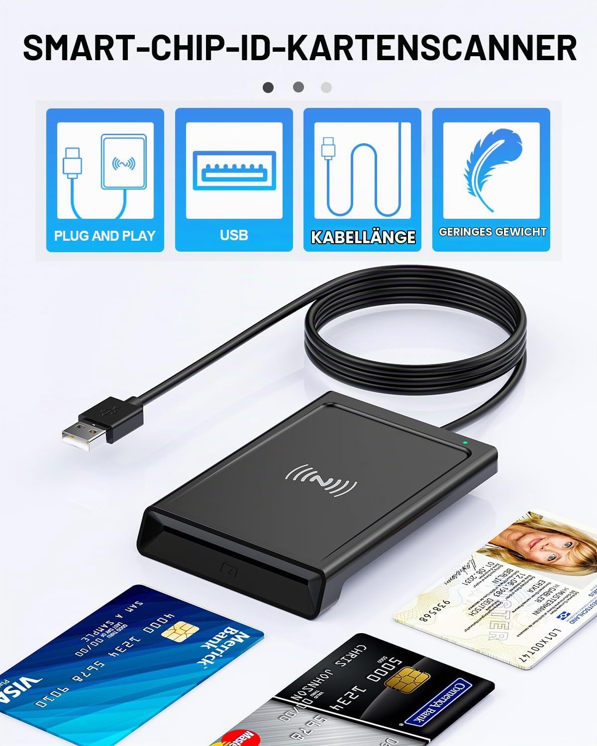 USB Chipkartenleser mit NFC,Personalausweis Lesegerät Chipkartenlesegerät Smart Card Reader NFC Lesegerät Kompatibel mit PC Windows 10 11 Linux für den neuen Personalausweis Bankkarten