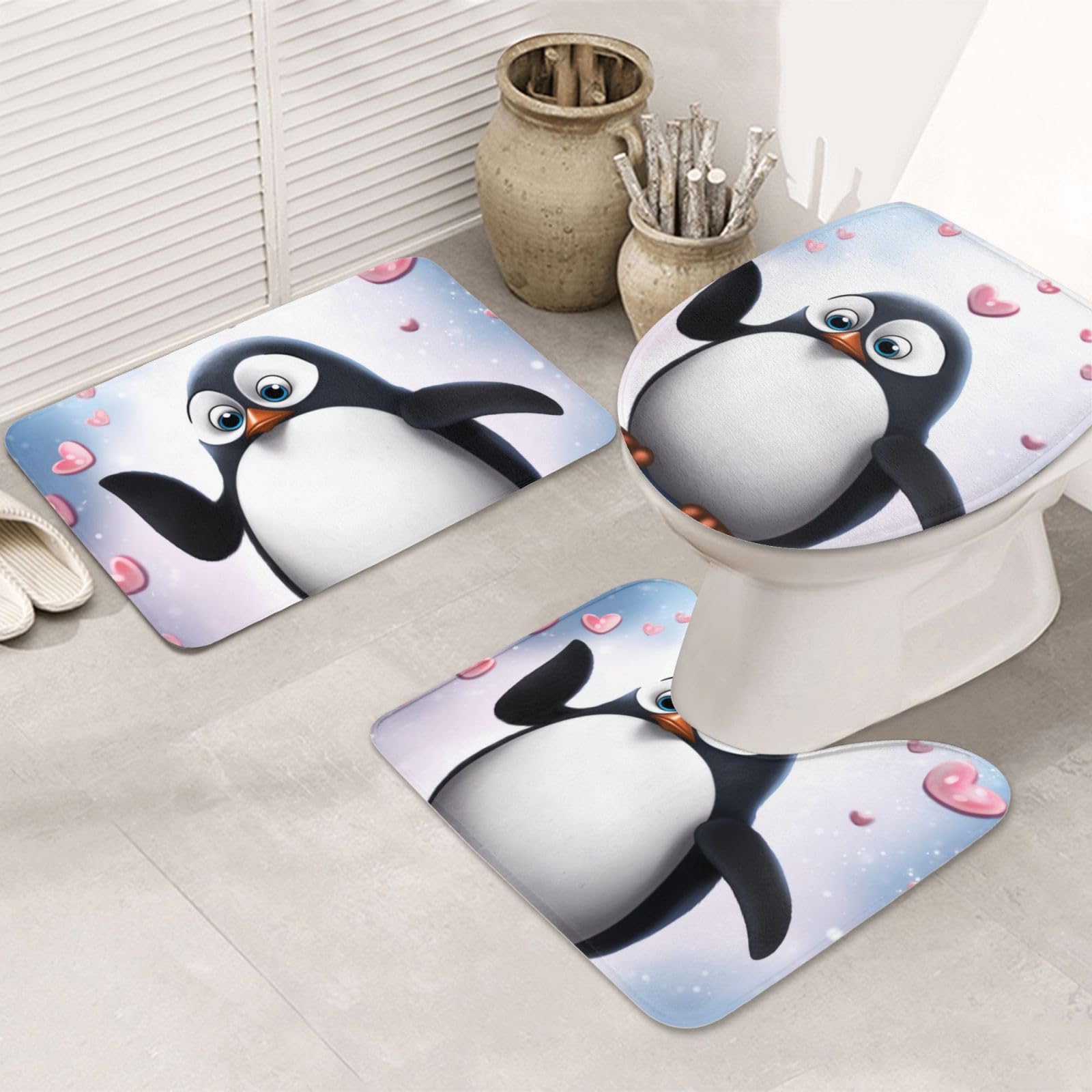 Tapis de bain en flanelle absorbant et antidérapant | Ensemble 3 pièces pingouins