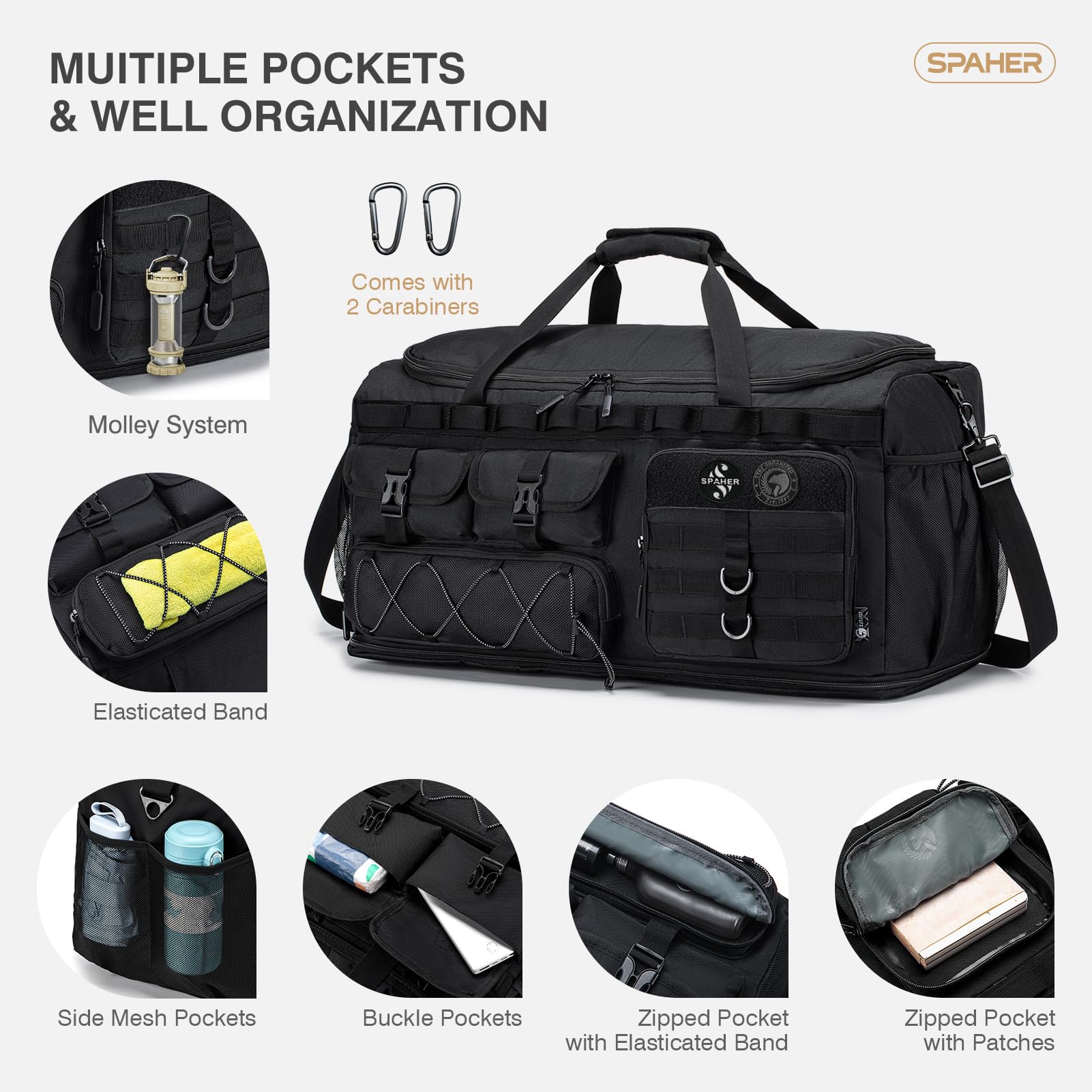 SPAHER 100L Sac de Voyage Sport Extensible Grand Sac a Main, Noir | Sac Demenagement Organisateur Transport Pour Camping Weekend Voyage Voiture Sac a Main Homme Femmes Étanche, Big Travel Bag
