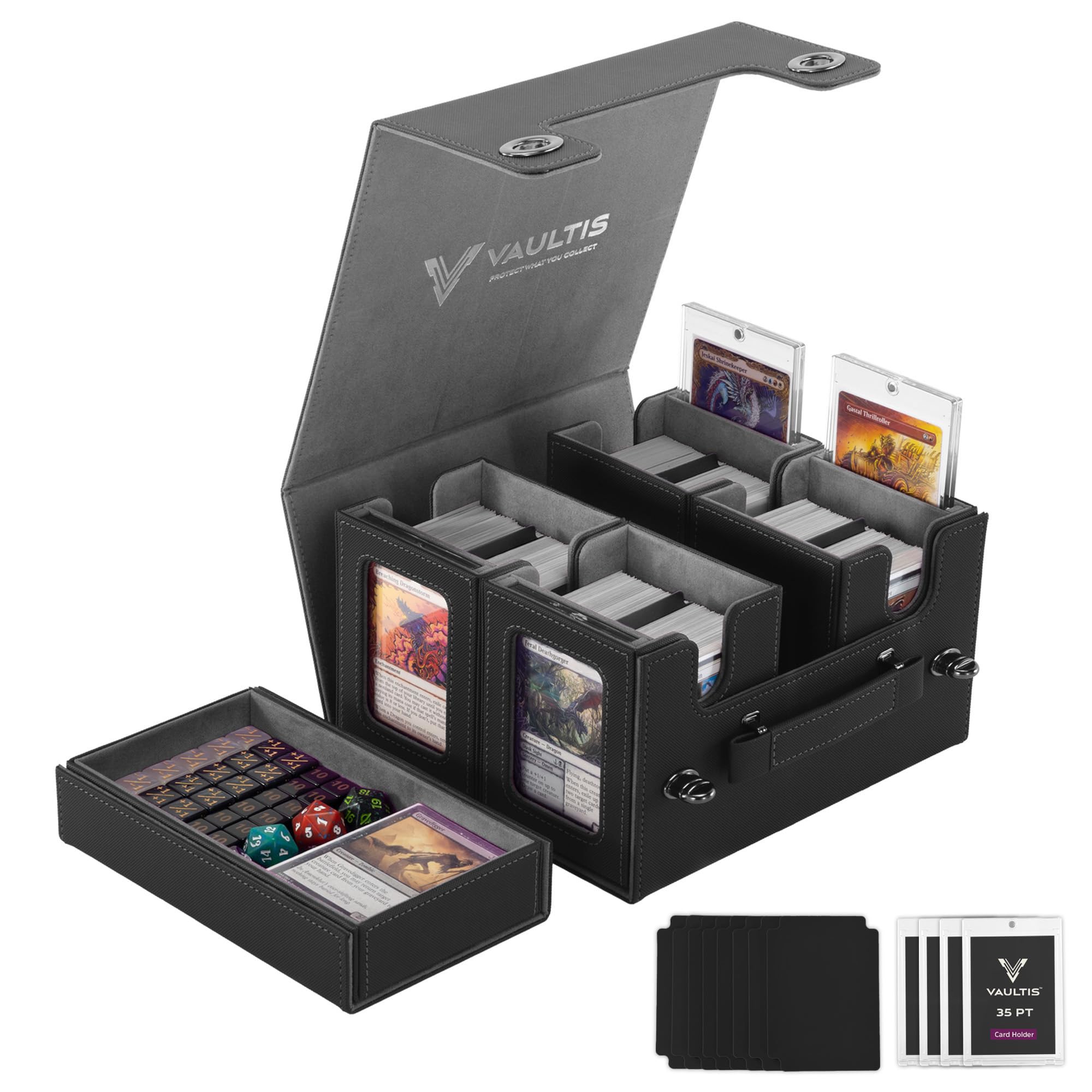 VAULTIS Commander Deck Box for MTG with Handle, Multi Deck Case with Large Dice Tray Fits 400+ Double-Sleeved Cards, 5 IN 1 TCG Card Storage Box with Commander Display, 35PT Card Holders (Grey)