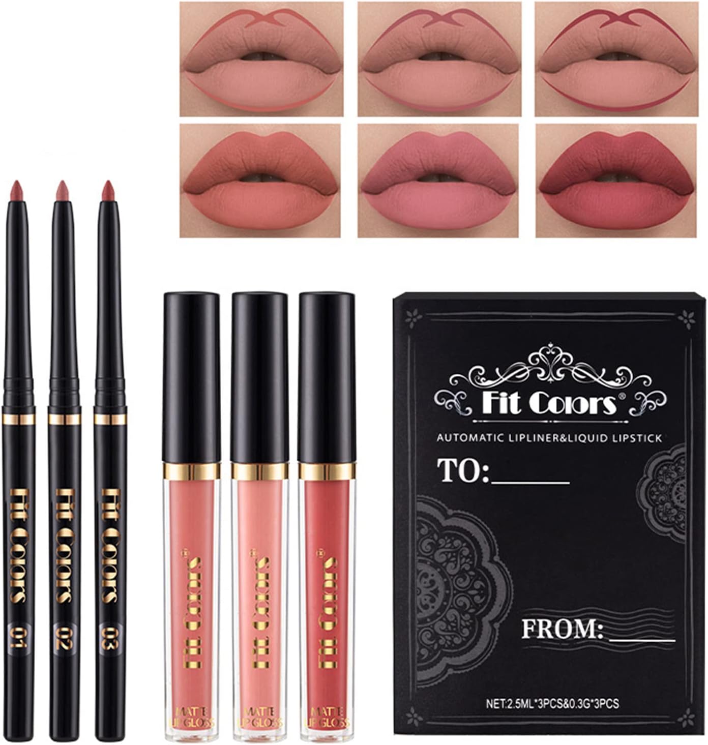 Holzsammlung 6Pcs Matte Liquid Lipstick and Lip Liner Set, Non-Stick Cup Not Fade Waterproof Nude lipstick Makeup Kits Velvety Nude Lipliner Lip Gloss Make Up Gift Set (A)