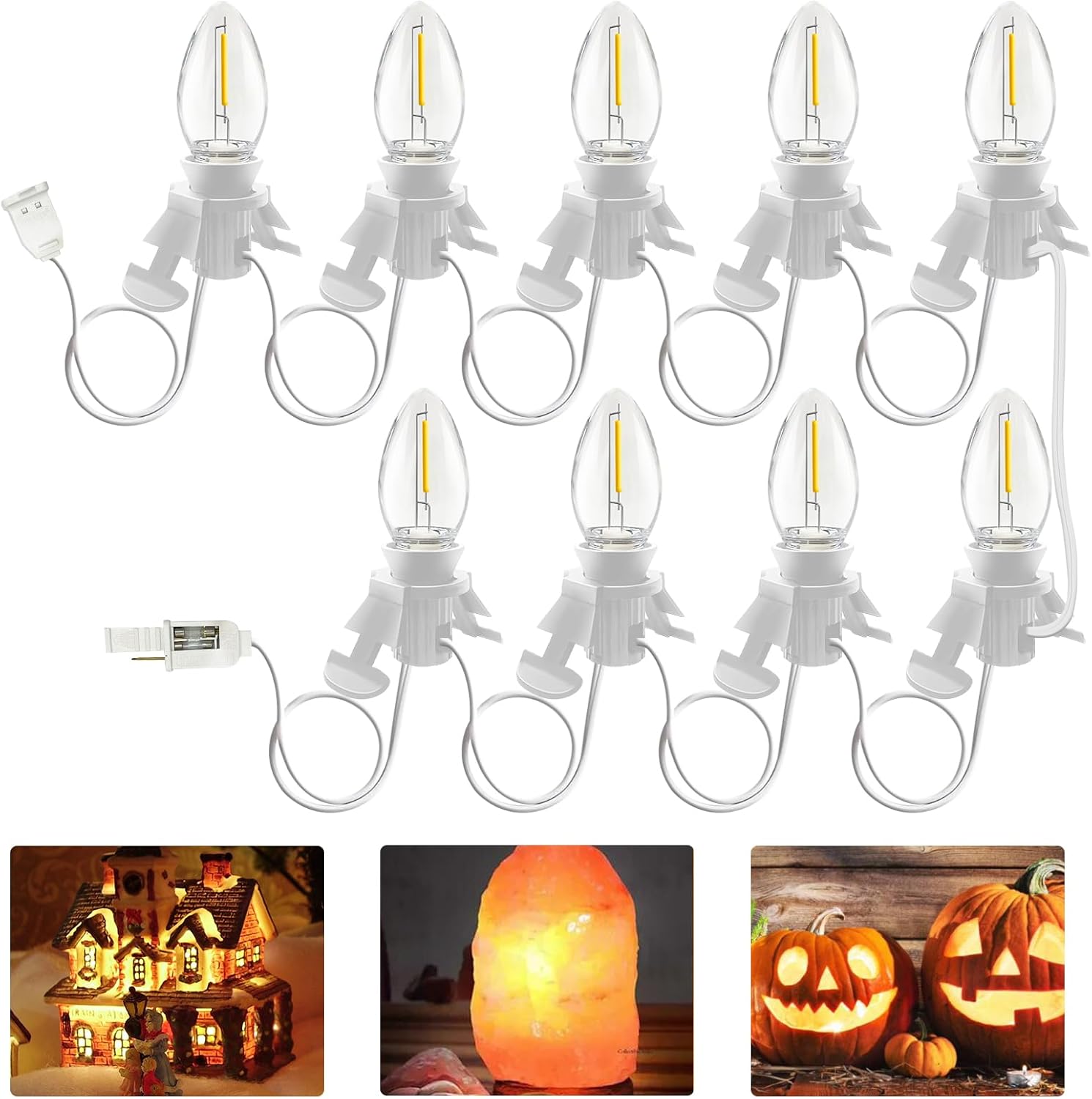 Accessory Cord with 9 LED Light Bulb and Female Plug, 15 Ft Christmas Village Light Cord with Clip, C7 Led Night Lights for Indoor Crafts Halloween Pumpkin Christmas Village House Decor, White Wire