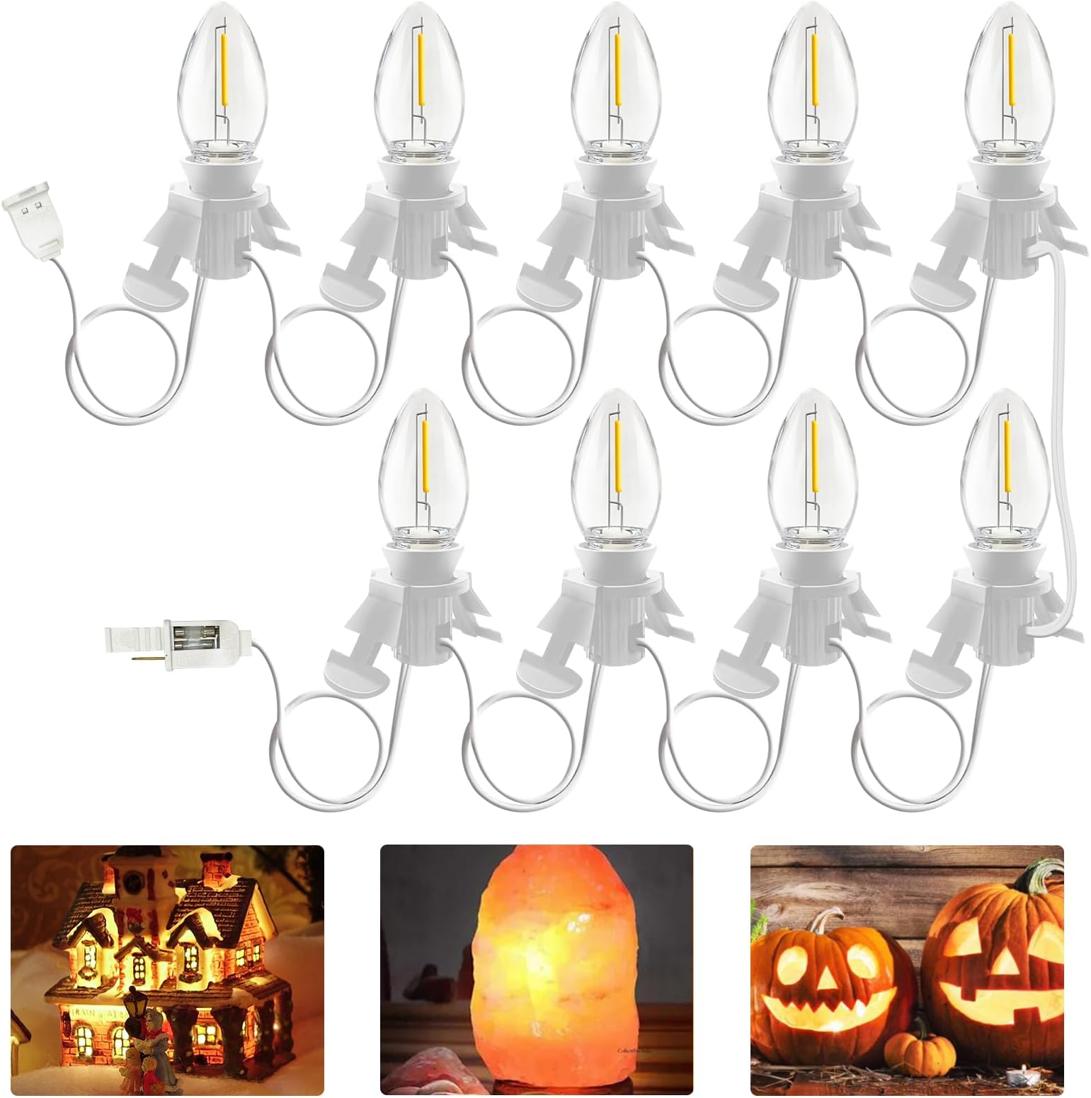 Accessory Cord with 9 LED Light Bulb and Female Plug, 15 Ft Christmas Village Light Cord with Clip, C7 Led Night Lights for Indoor Crafts Halloween Pumpkin Christmas Village House Decor, White Wire