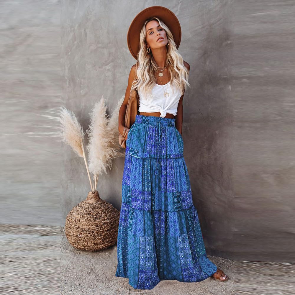 Gonna Donna, Gonne Lunghe con Stampa Floreale Boho Donna Elastiche in Vita Plissettate Fluide Linea Ad A Casual Estive Basiche Spiaggia Abiti Lunghi per Foto Quotidiane delle Vacanze