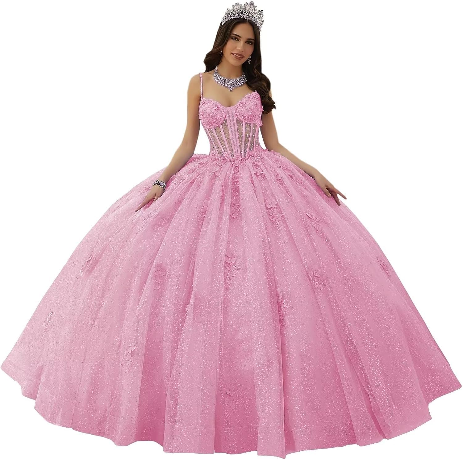 Vestidos de quinceañera con Tirantes Finos, Vestidos de Tul Brillante para Adolescentes MT041