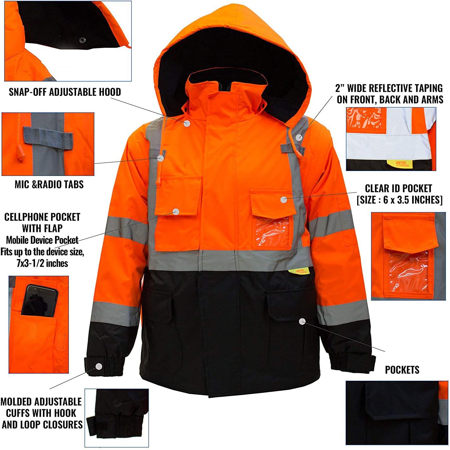 NY Hi-Viz Workwear J8511/J8512 Men's Ansi Class 3 High Visibility Safety Jacket With Zipper, PVC Pocket, Black Bottom