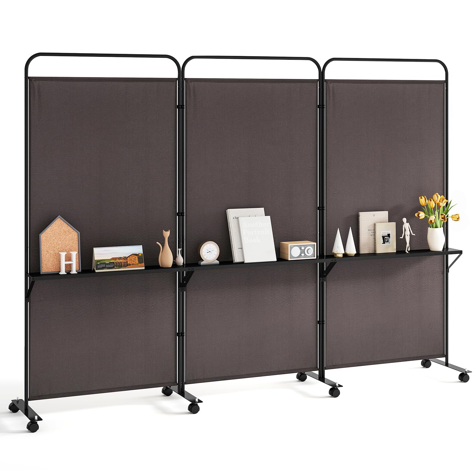 Giantex 3 Panel Room Divider with Wheels and Shelves, 103" W x 74" H Folding Privacy Screen, Rolling Partition Separator for Home Office Studio,