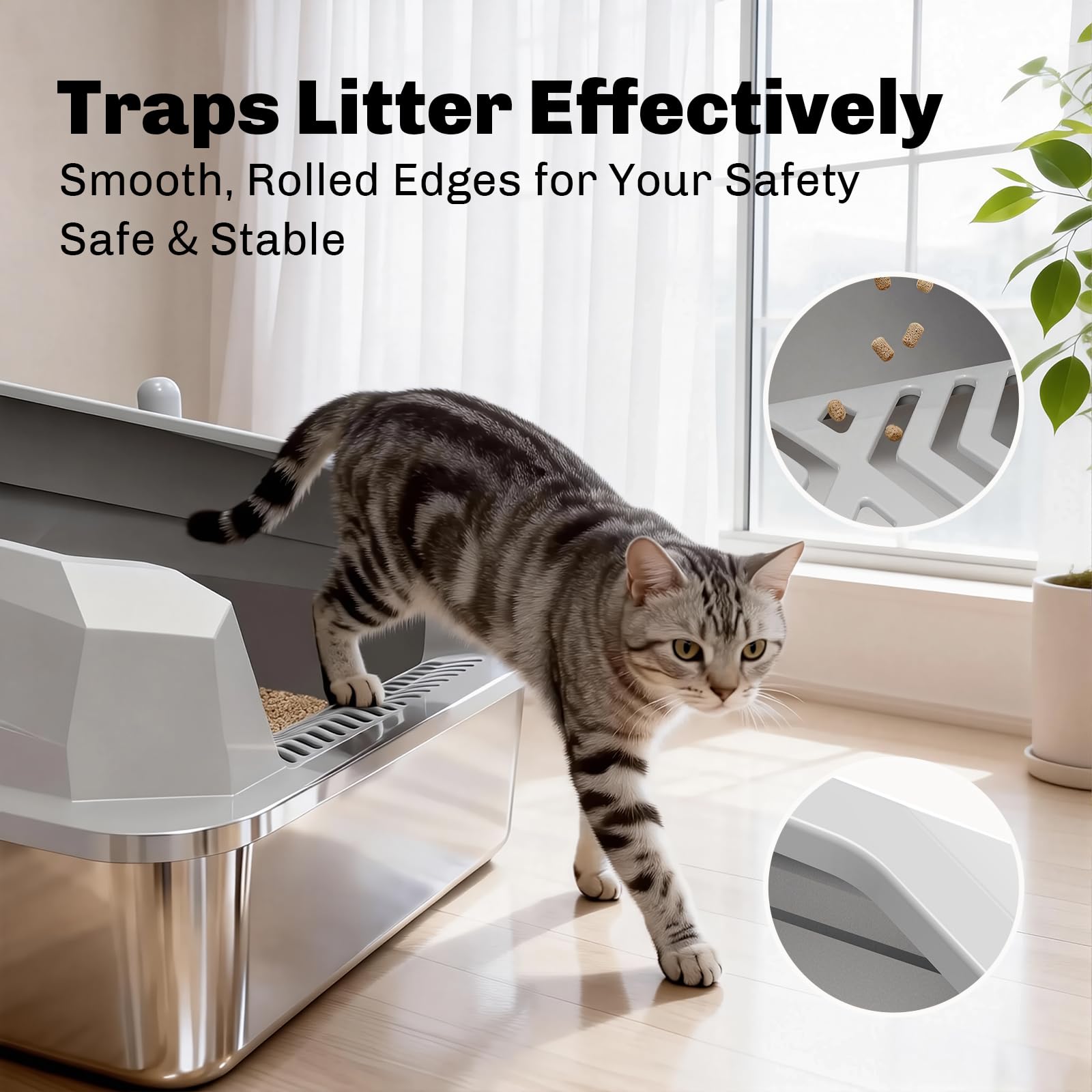 KYKY Tescat 2 Pack Stainless Steel Litter Box with Lid, XL Metal Litter Box with High Sides, Extra Large Litter Boxes for Big Cats and Multiple Cats, Leak-Proof, Rust-Proof, Non-Sticky and Easy Clean - image 4