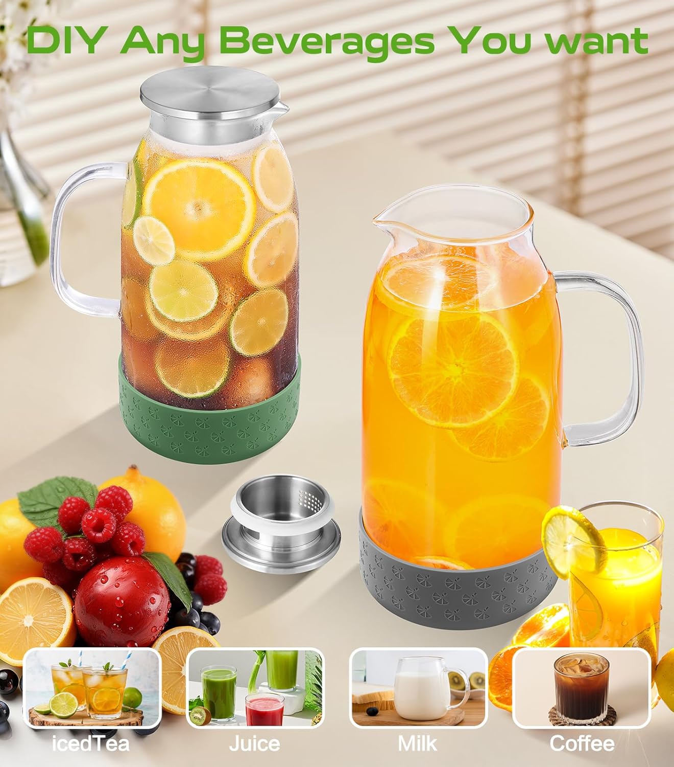 Glass Pitcher with Lid, ZBUFAN 68oz/2 Liter Glass Water Pitcher with Handle and Lid, Anti-Slip Base Juice Jug for Ice Tea, Sun Tea, Sangria, Lemonade Fridge Pitchers for Drinks Gray - Image 6