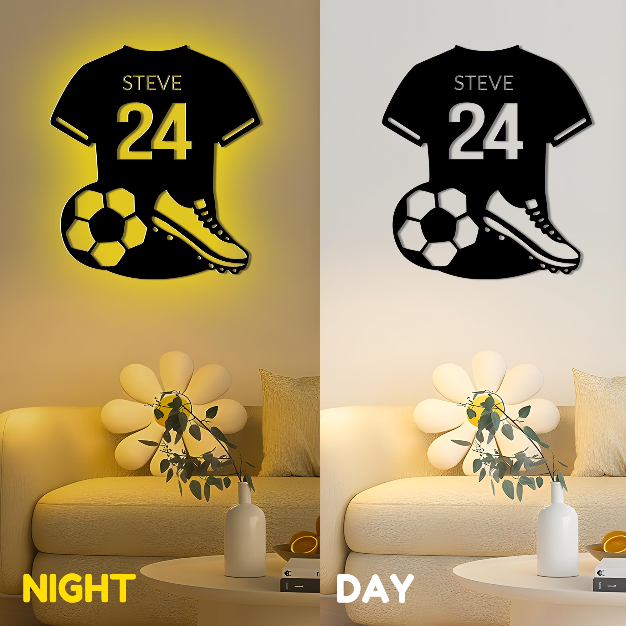 Enseigne Personnalisée Football, Panneau Métallique Personnalisé de Football avec Lumière LED, 20cm, 25cm, 30cm, 35cm
