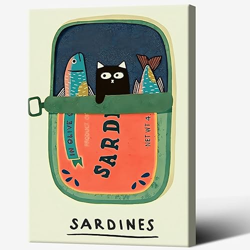 Miniatura 10 de Lienzo de sardinas divertidas para pared, póster vintage de lata de sardina, comida retro, peces, vida marina, estética, acuarela, pintura para el