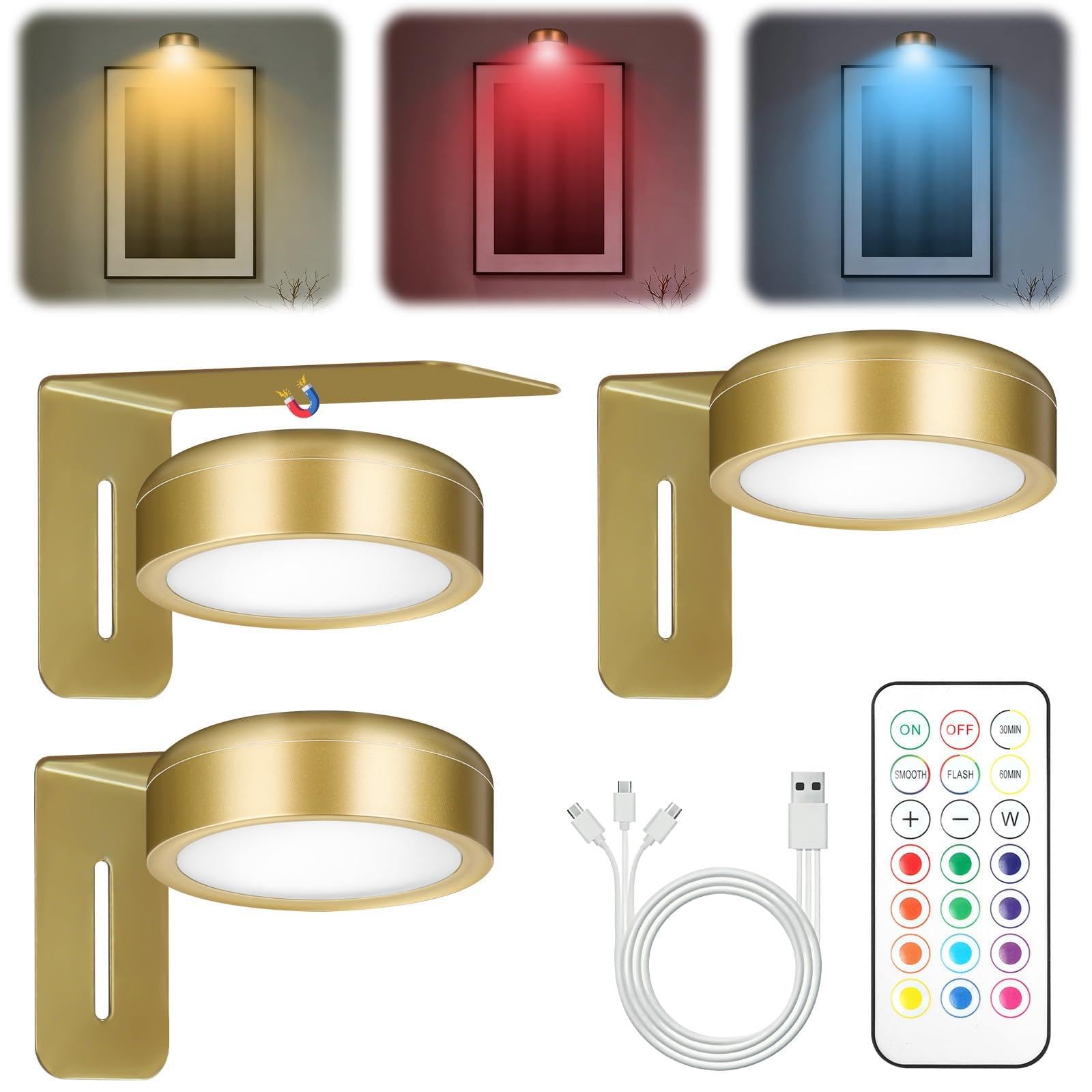 Adiwo 3 PCS Picture Lights for Wall, Wireless Rechargeable Poster Light, with Timer Remote, Magnetic Painting Light,13 RGB Colors, Adjustable Brightness,for Home Artworks Wall Decor, Gold