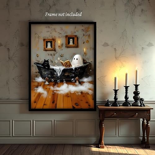 Miniatura 4 de HUYKON Divertido arte para pared de baño de fantasmas y gatos negros de Halloween, bonito póster de libro de lectura de burbujas espeluznantes,