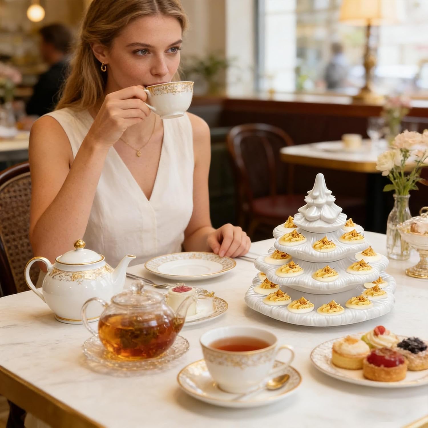 4-Tier Christmas Tree Shaped Tray, Stackable & Space-Saving, 20cm, 26-Hole Party Cupcakes Tray, Resin Christmas Tree Shape Deviled Egg Platters Trays, Festive Design, for Holiday & Party Use