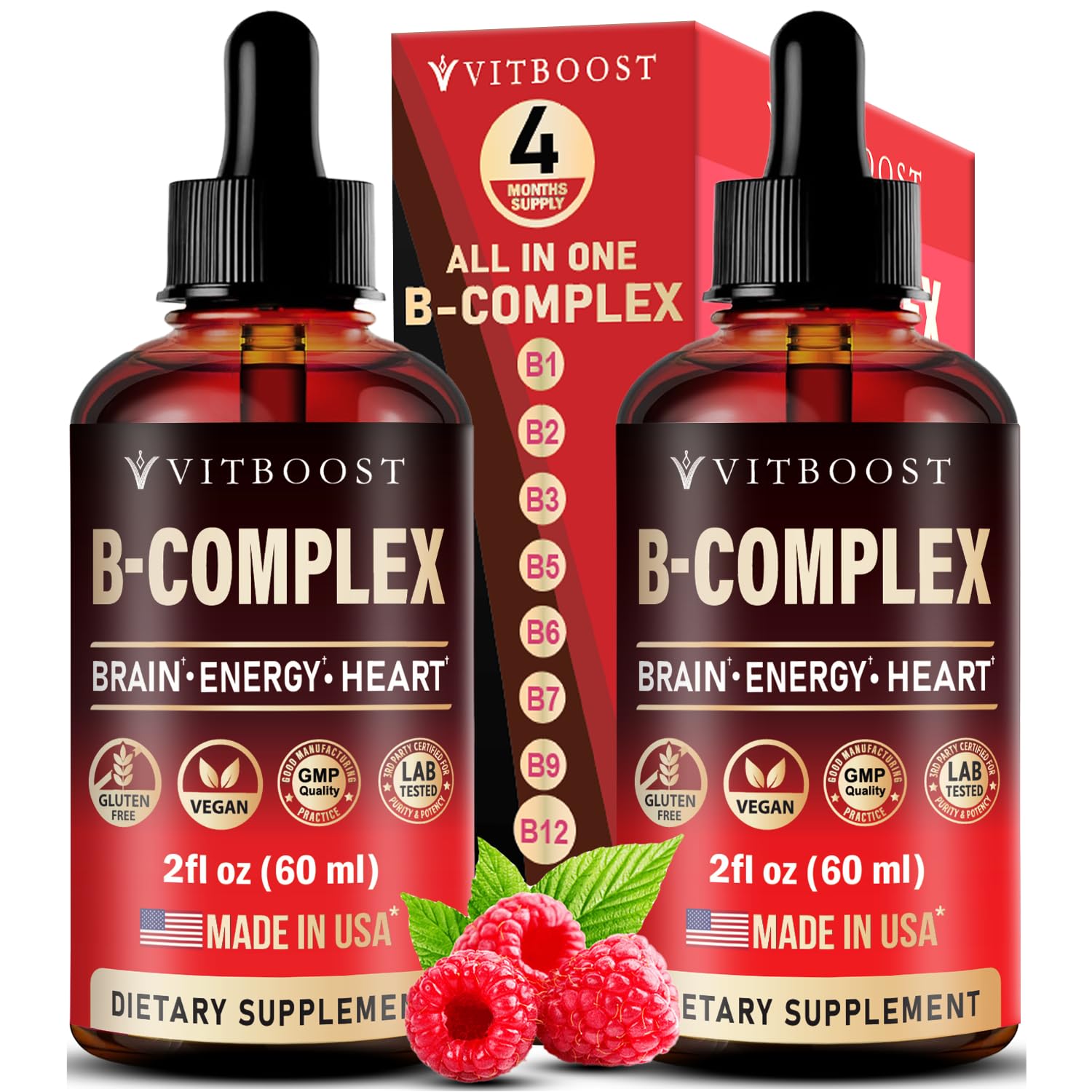 Vitamin B Complex with 20000 mcg - Extra Strength for Men and Women - Vegan| Raspberry Liquid Drops| USA Made, B1, B2, B3, B5, B6, Biotin, Folic Acid & B12 Sublingual Methylcobalamin | 4 Months Supply