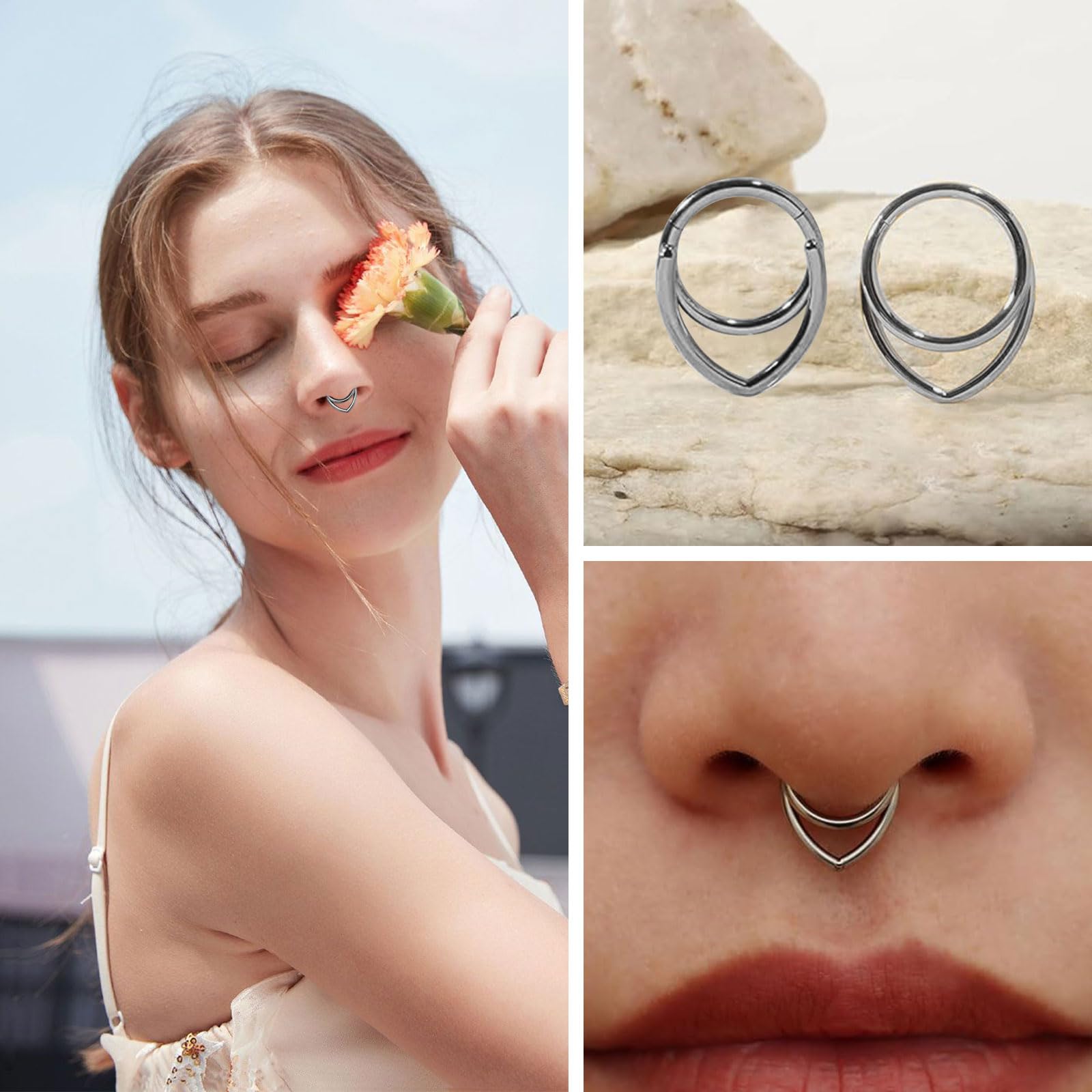 LunarCharm Set of 2 Stacked Septum Rings, 16G Hoops, 316L Stainless Steel, 12mm Hinged Septum Clicker, Nose Ring Piercing, Body Piercing Lip Rings — view 4