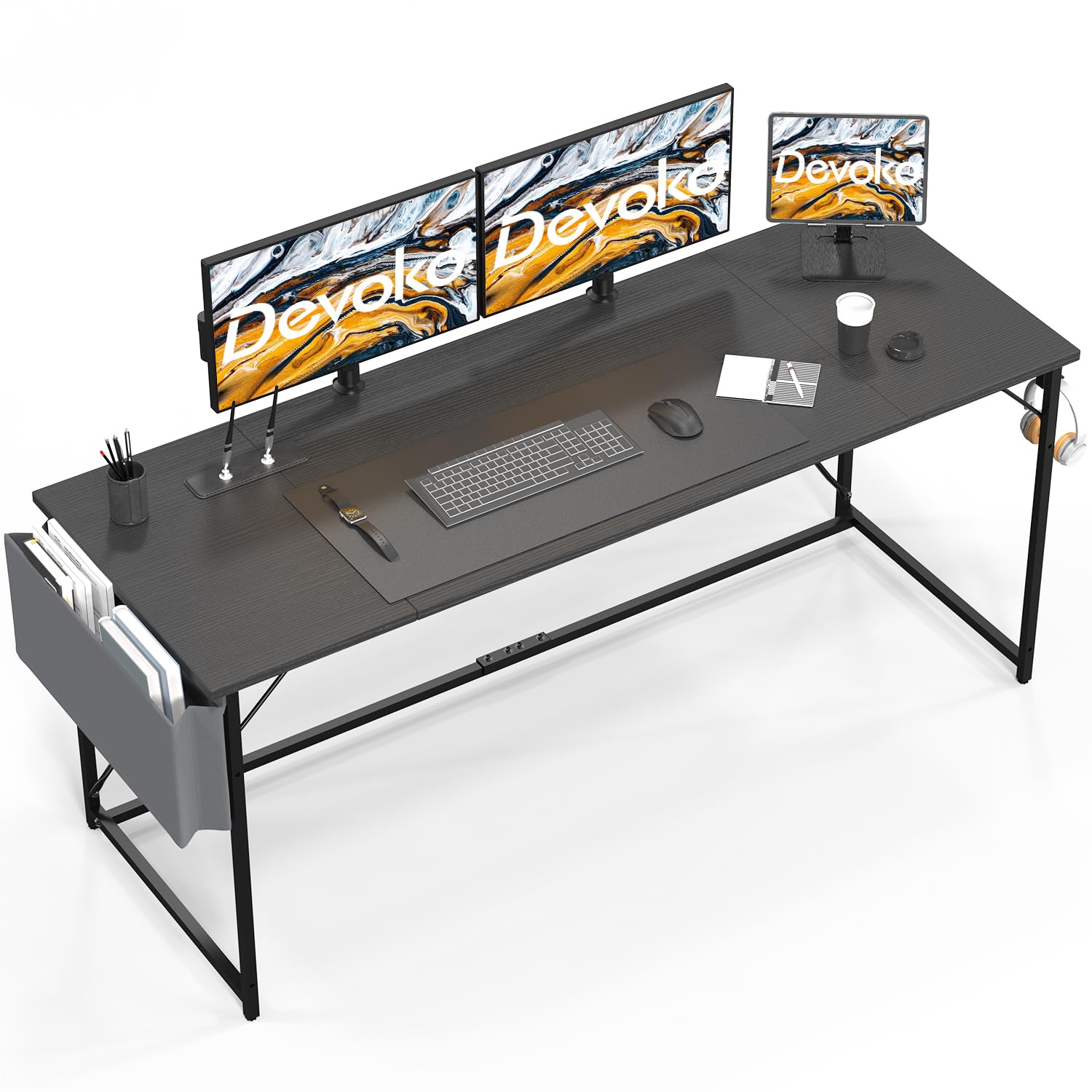 Devoko Scrivania per Computer, Scrivania PC da Ufficio, Scrivania salvaspazio per Studio, Scrivania da Lavoro con Borsa Portaoggetti e Gancio para, Struttura in Metallo 140 x 50 x 75 cm, Bianca