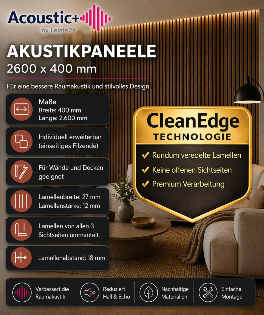 Leiste24 Akustikpaneel 2600 x 400 mm Schwarz Eiche Natur | Lamellenverkleidung mit schwarzem Akustikfilz, Wandverkleidung im Lamellendekor Eiche Natur für moderne Innenräume