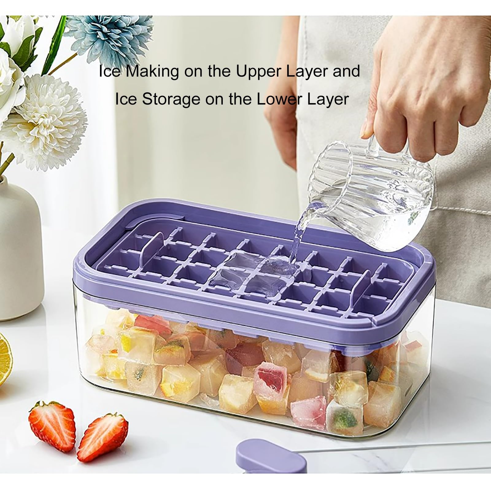 Silikon-Eiswürfelform mit Deckel, leicht zu drücken, Formen für Cockta und Getränke, quadratisch, Eiswürfelbereiter, Gefrierschrank, Aufbewahrungsbehälter, BPA-frei, Eismaschine (weiß)