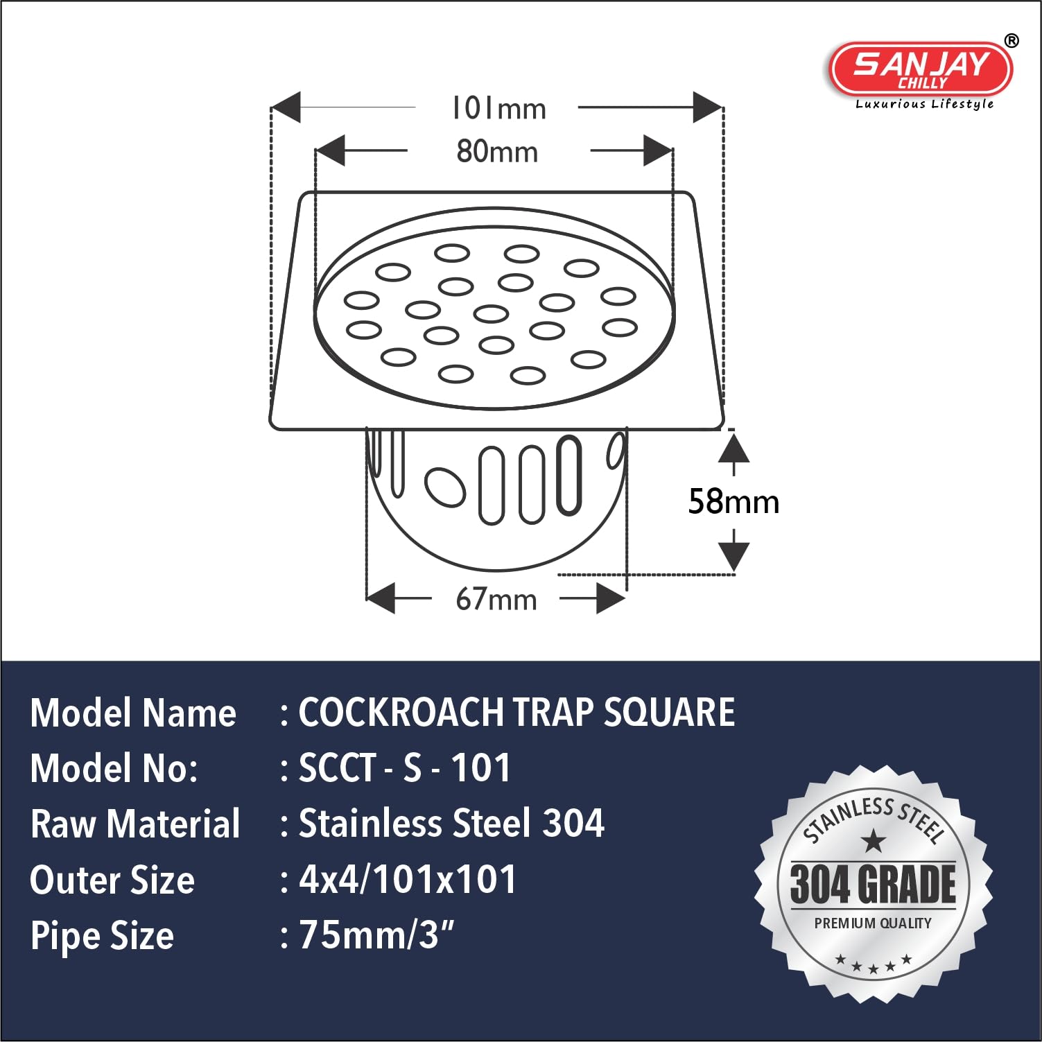 Sanjay Chilly Square Floor Drainer for Bathroom | Floor Drain Jali with Cockroach Trap Bathroom Gratings | Stainless Steel 304 Grade Sink Strainer Kitchen Hair Catcher (4 x 4 INCHES) 1