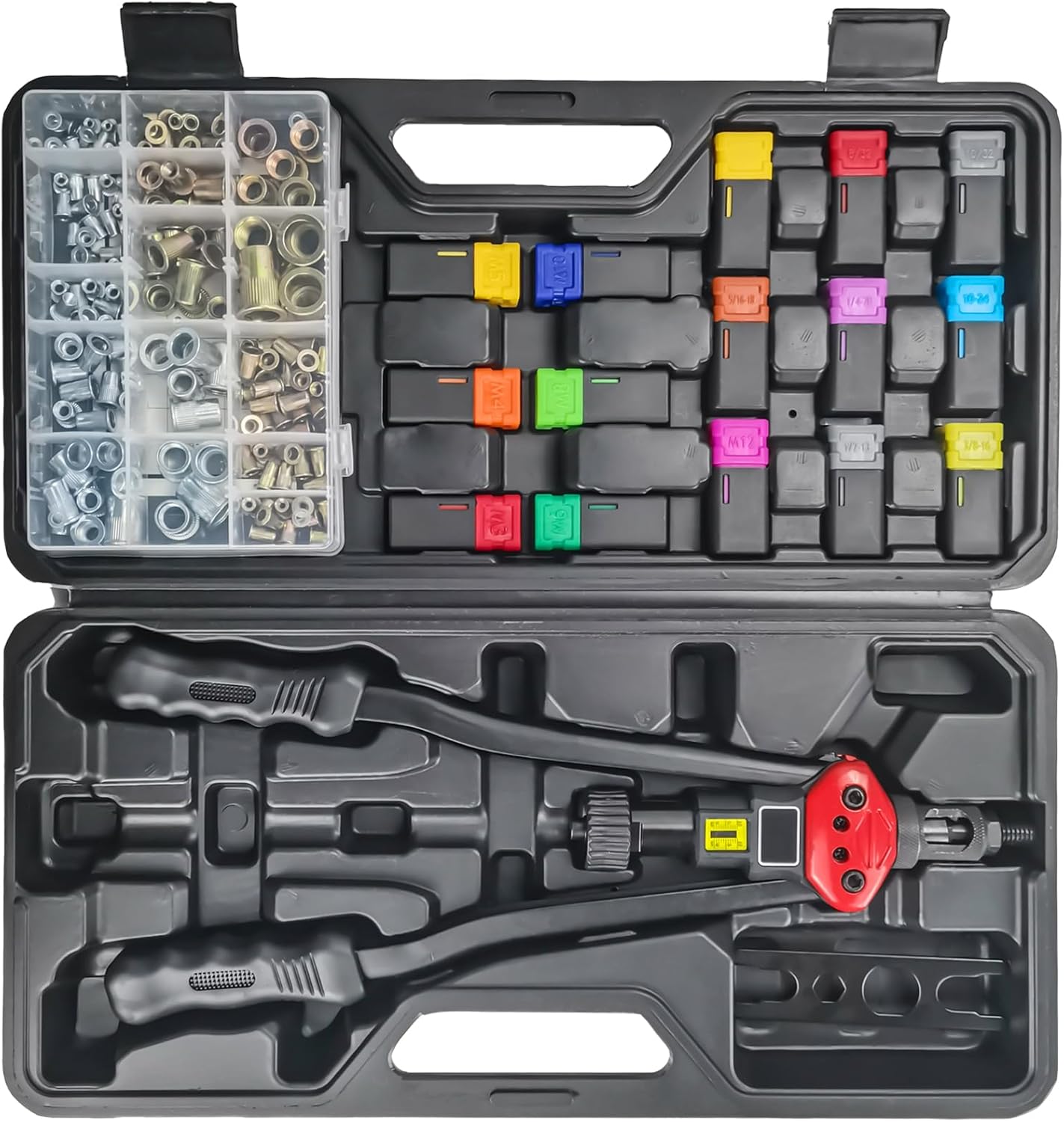 16" Professional Rivet Nut Tool Kit - Lever-Style Rivnut Tool with Visual Stroke Indicator, Nutsert Tool Kit Includes 15 Metric & SAE Mandrels for Threaded Inserts