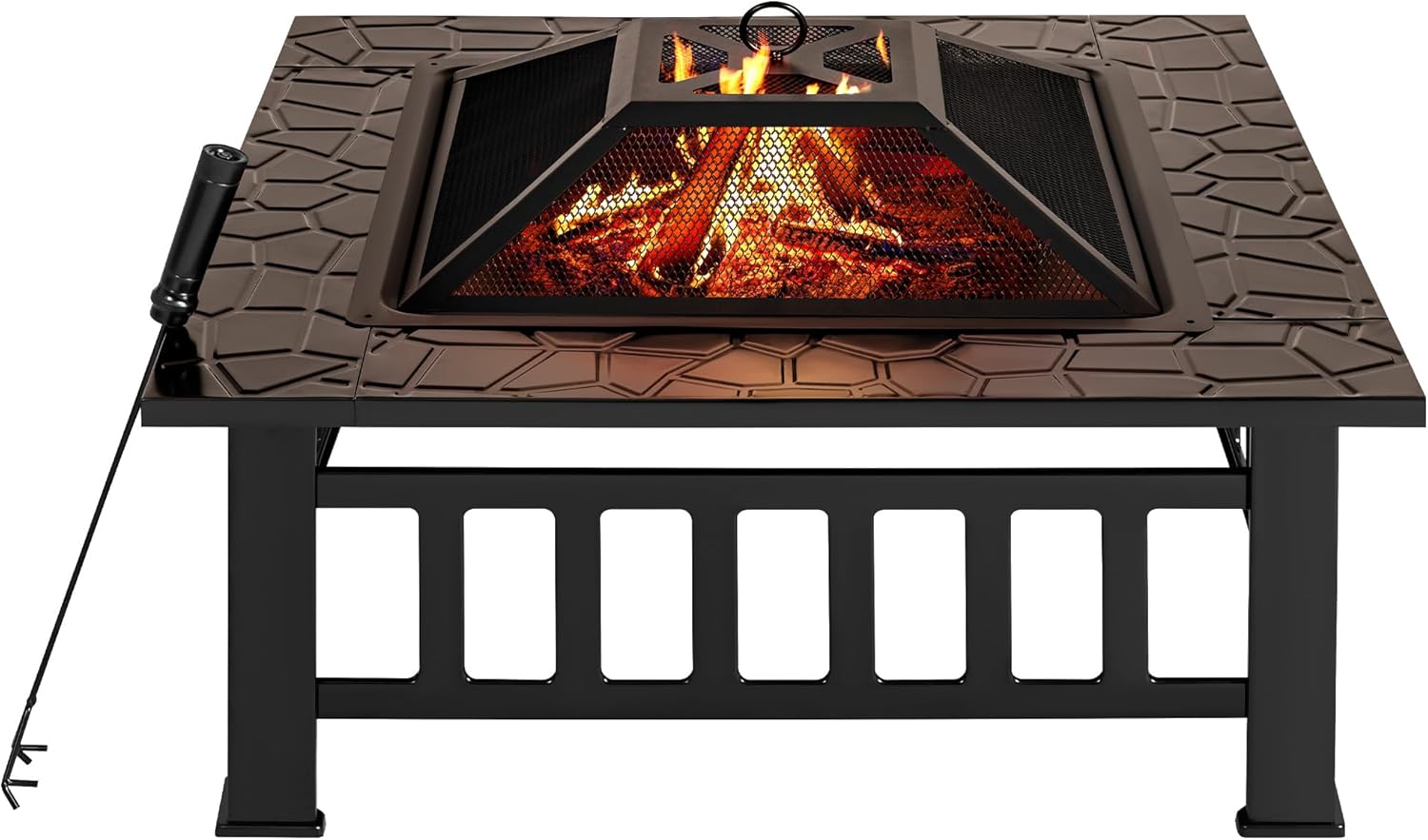 Greesum 32in Multifunctional Patio Fire Pit Table, Square Metal BBQ Firepit Stove Backyard Garden Fireplace with Spark Screen Lid and Rain Cover for Camping, Outdoor Heating, Bonfire and Picnic, Black