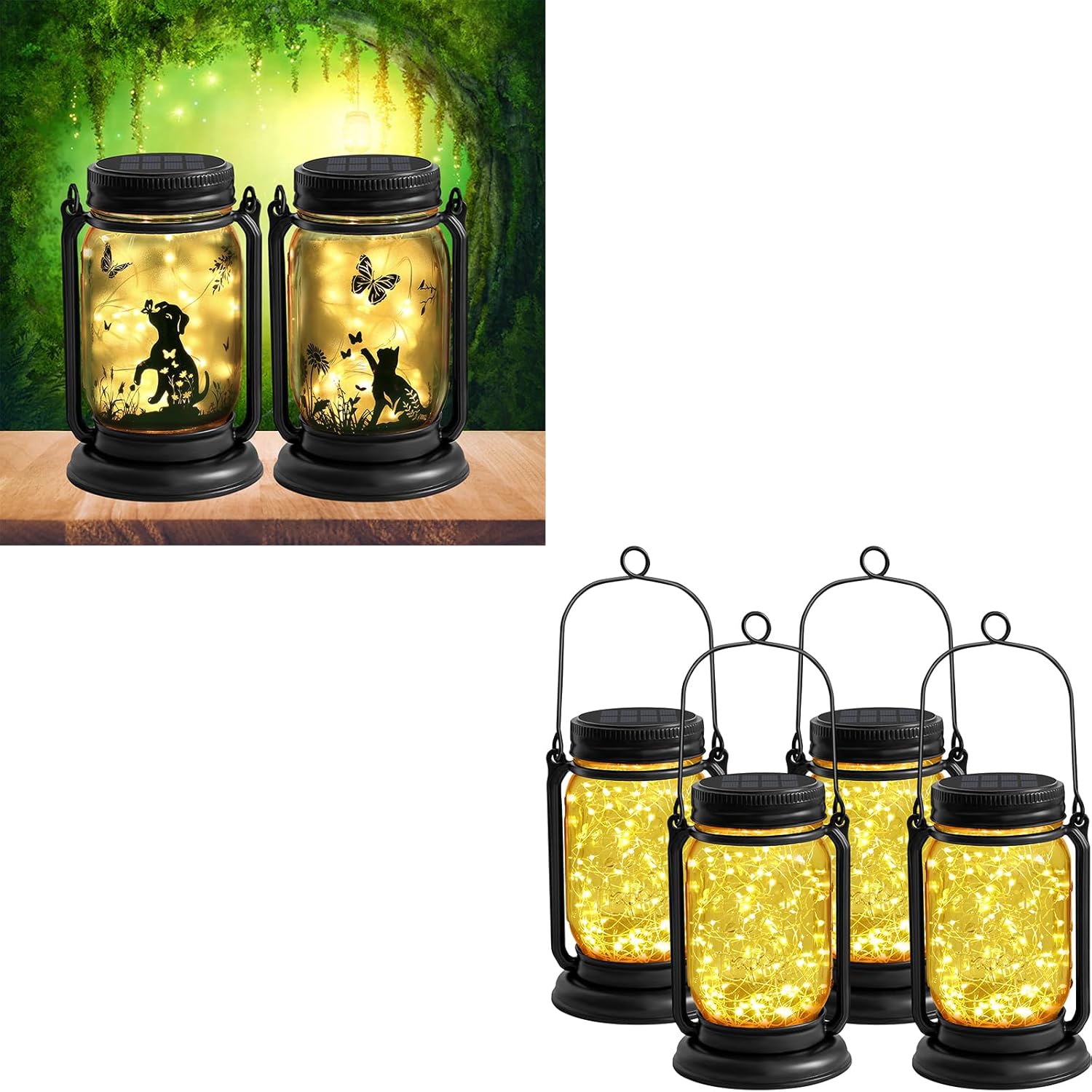 YJFWAL 2Pack Solar Cat & Dog Lanterns+4Pack Vintage Lanterns