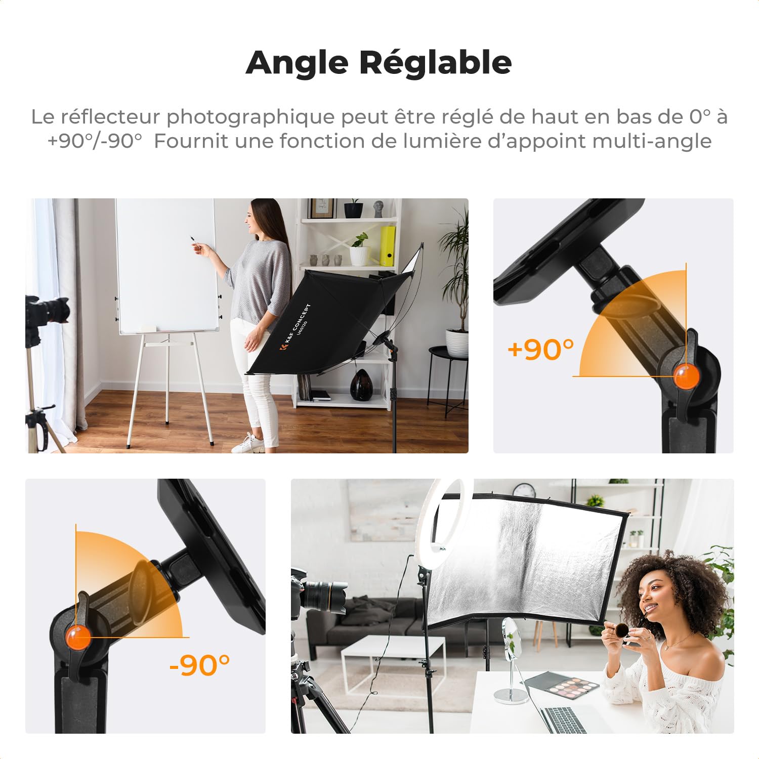 K&F CONCEPT Réflecteur incurvé, réflecteur Pliant à Ouverture Rapide avec Support et Sac de Transport, diffuseur de Photographie en Forme de U de 48x26''pour Les Portraits en Studio