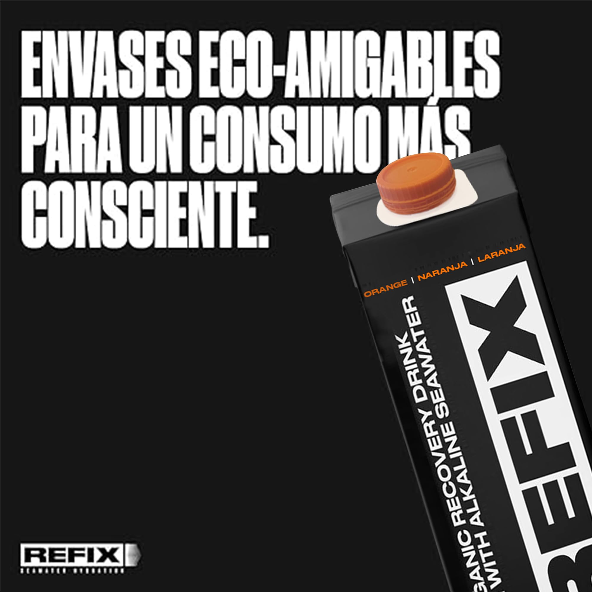 Bebida de Recuperación REFIX – Base Agua del Mar, Baja en Calorías, Orgánica, Sin Azúcar Añadido, Vegana, Electrolitos y Sales Minerales Naturales del Mar - Sabor Naranja - Pack de 24 Tetrapack
