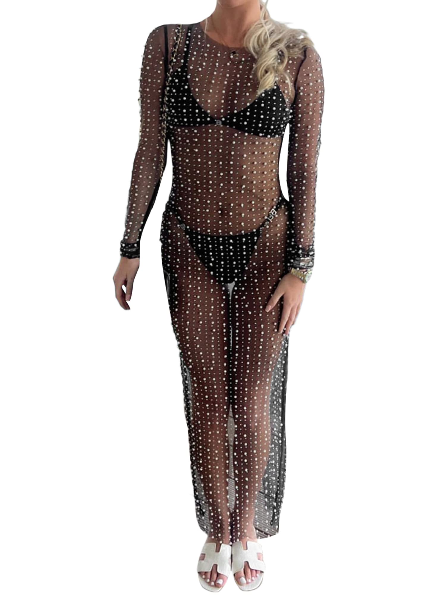 Springcmy Sexy Women Sheer Mesh See Through Pearl Rhinestone Beach Maternity Dress Swimwear Bikini Bathing Suit Coverup