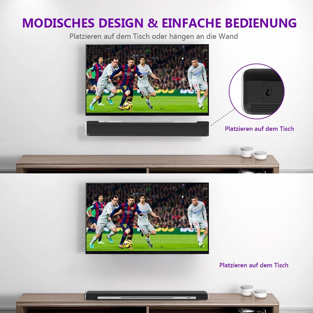 Soundbar placement options: tabletop and wall-mount