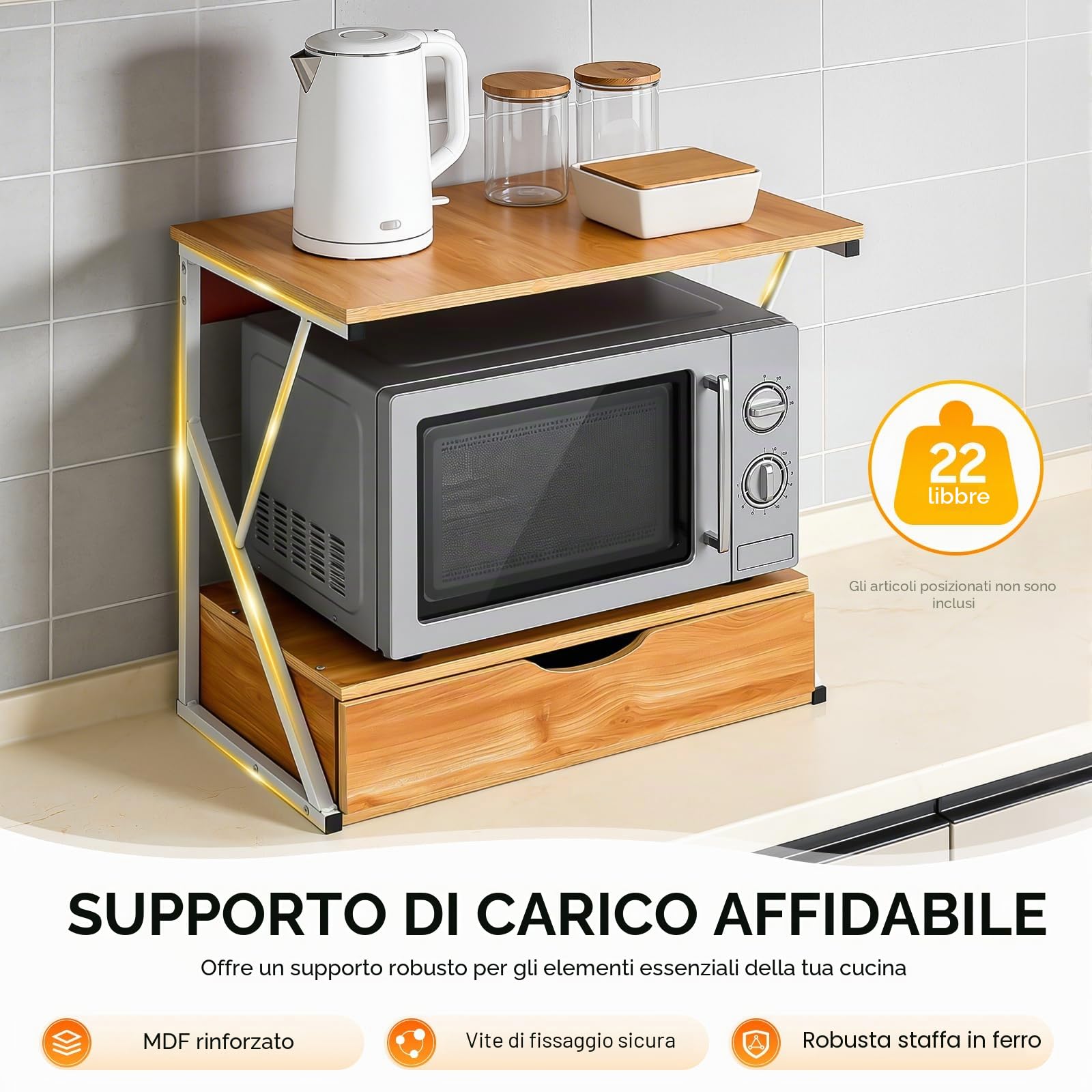 Scaffale per microonde a due piani, in legno con cassetto e capacità di carico di 10 kg, in MDF e ferro, 54 x 35 x 50 cm, design aperto, sufficiente spazio di archiviazione, robusto organizer da