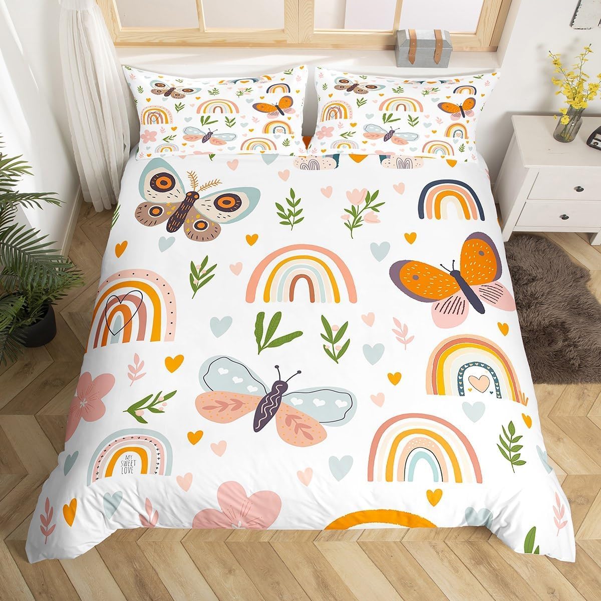feelingyou Boho Rainbow Comforter Cover Set Double Size Cute Butterfly Bedding Set 3Pcs for Kids Girls Boys Adult Room Decor Cartoon Love Heart Palm Leaves Animals Botanical Quilt Cover,2 Pillowcases - Image 3