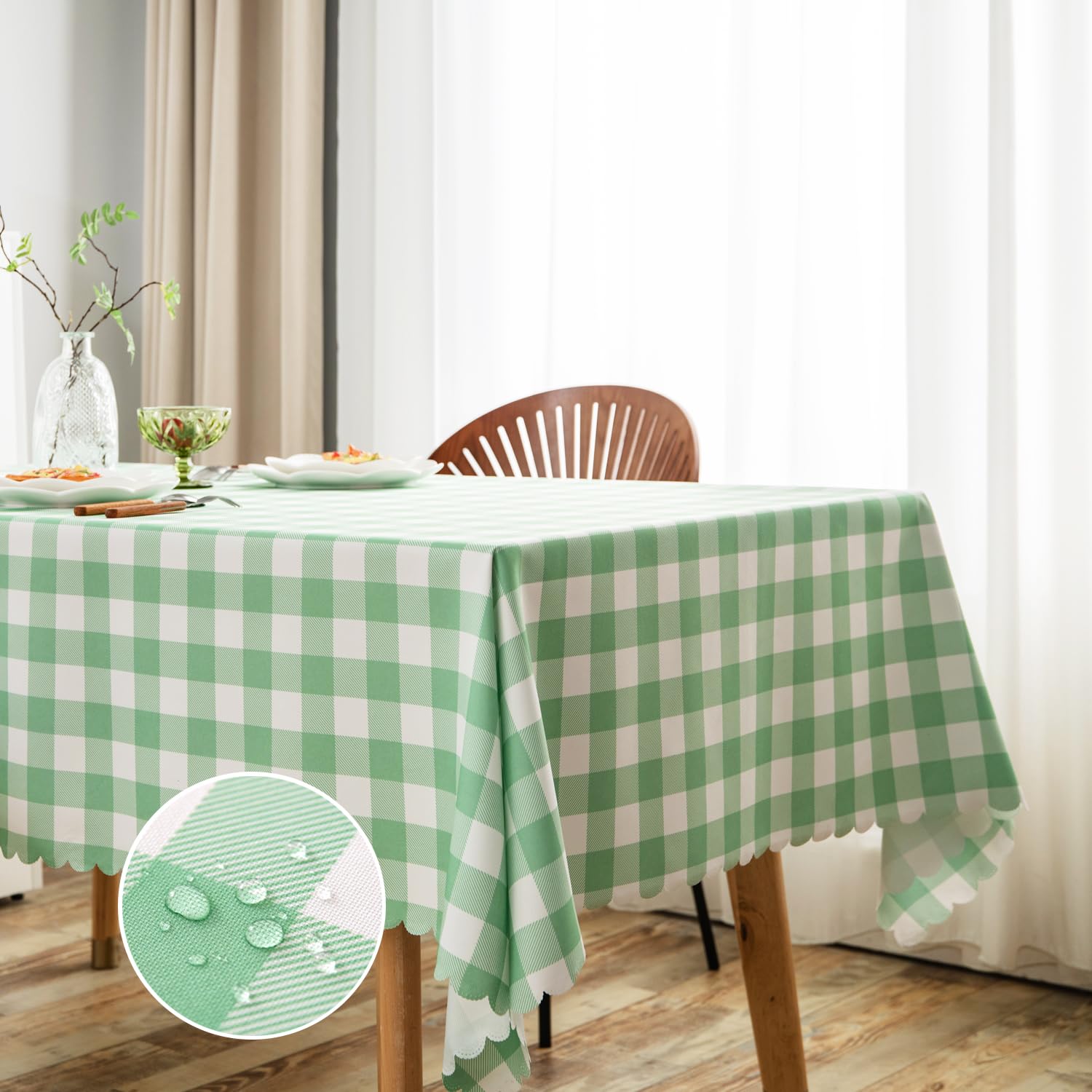 MANGATA CASA Green Gingham Tablecloth for Square Tables- Checkered Table Cloth Waterproof Kitchen & Table Linens-Polyester Buffalo Plaid Wrinkle Free