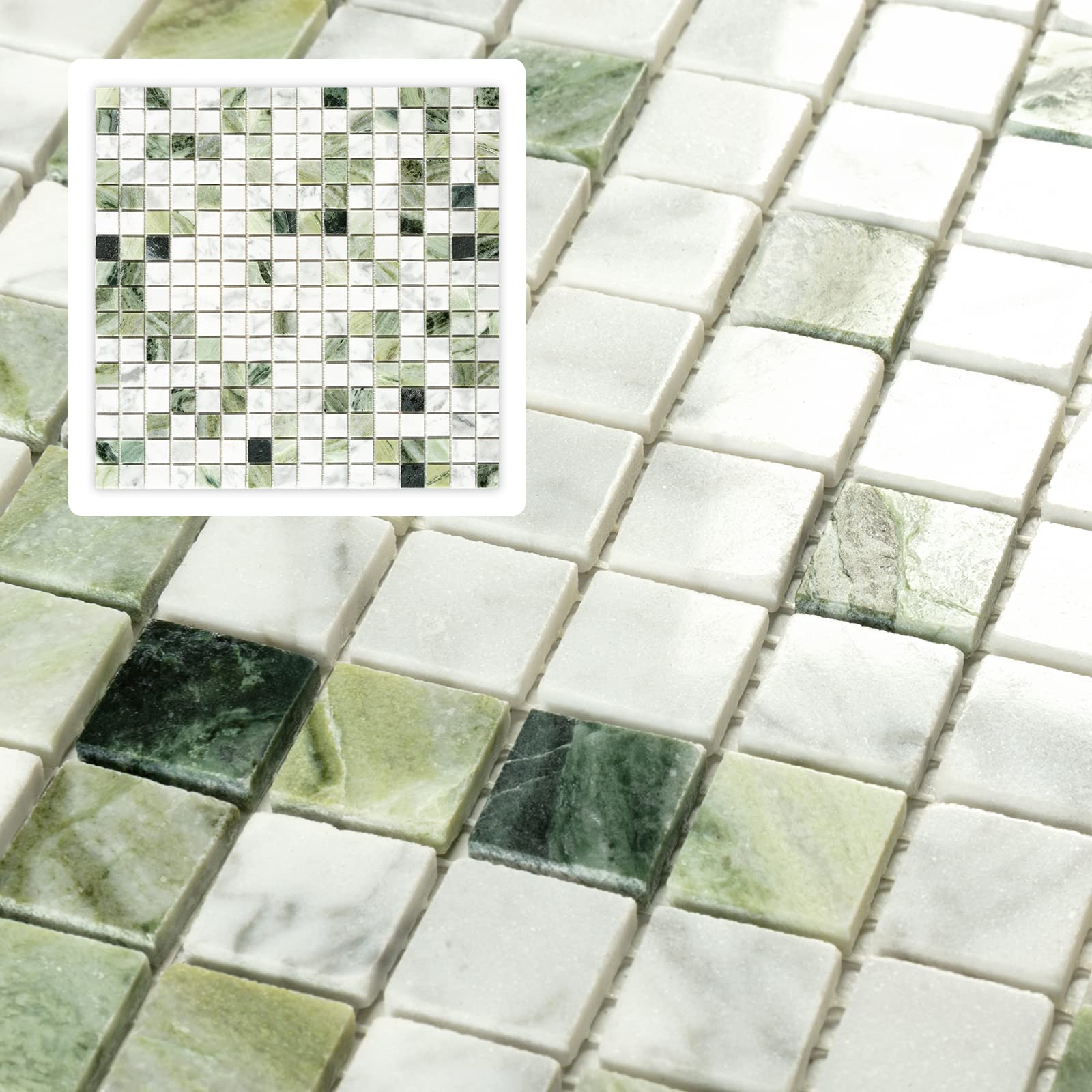 Midcard 6 Sheets Emerald Green and Carrara White Marble Square Mosaic backsplash Tiles, Polished Shower Room Floor and Wall Tiles