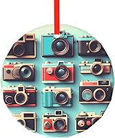 Vista 1 de Retro Cool Camera Collection Print Traditional Check Holiday Ornaments,Round Festive Decor,Hanging Pendant for Christmas Tree