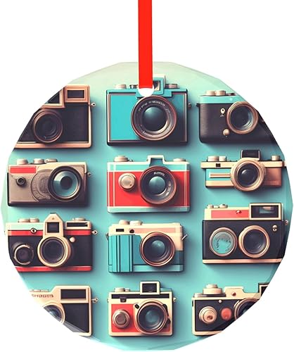 Retro Cool Camera Collection Print Traditional Check Holiday Ornaments,Round Festive Decor,Hanging Pendant for Christmas Tree