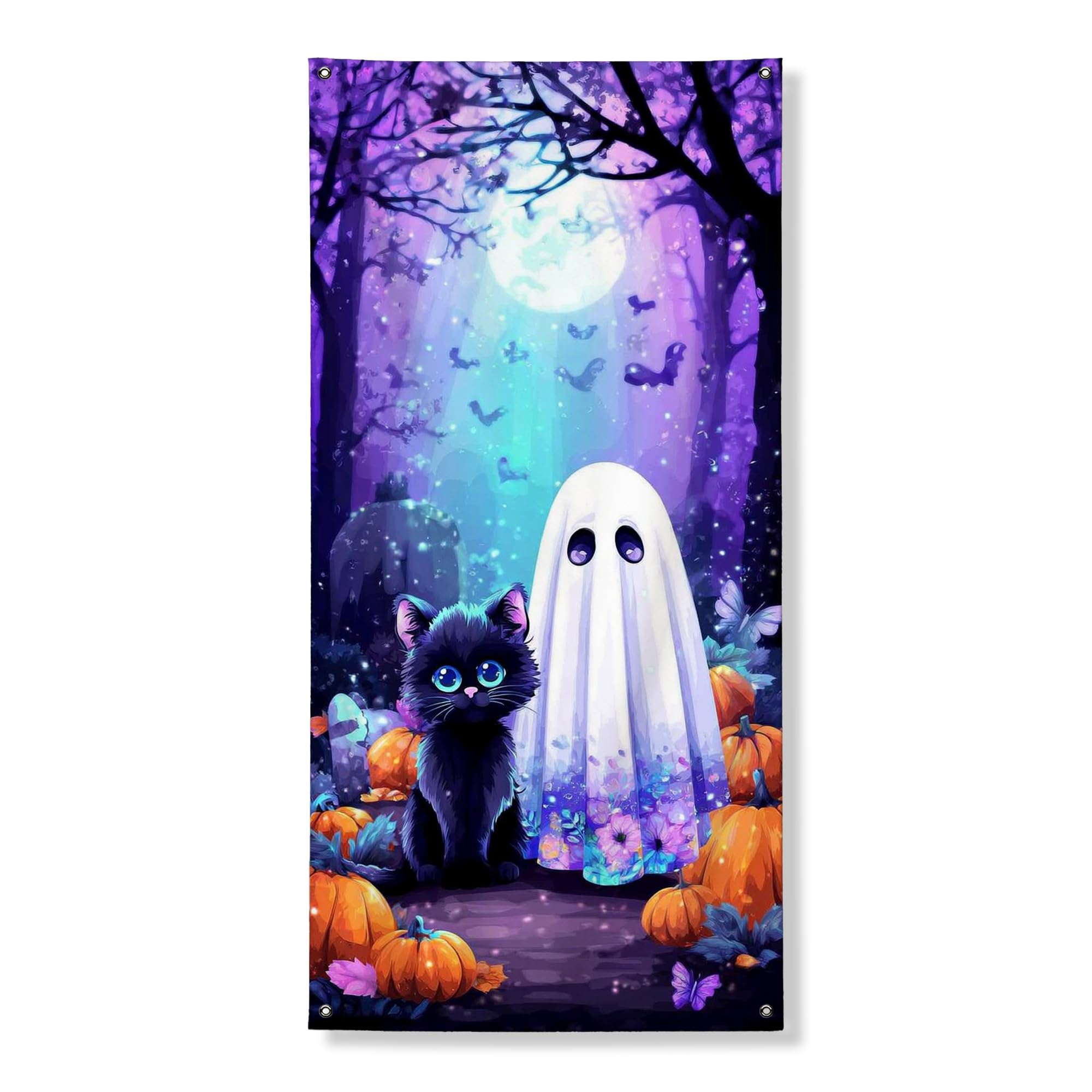 Halloween Ghost Cat Door Cover Banner Decorative, Spooky Black Kitty and Pumpkin Scene Front Door Decor, Indoor Outdoor Autumn Festival Supplies 36x72 Inch