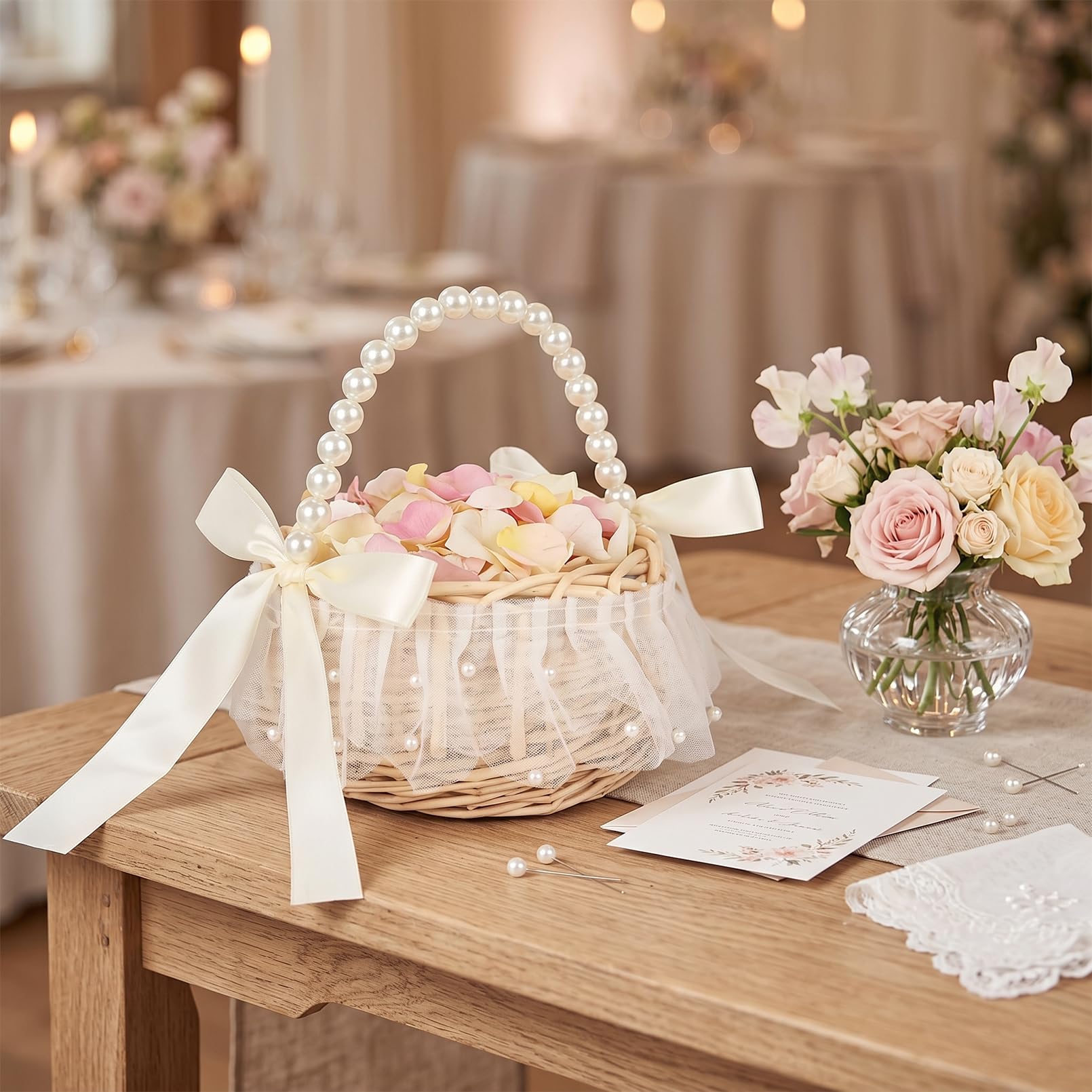 Blumenmädchen Korb 20×16 cm mit Henkel & Satin Schleife – Blumenkörbchen Hochzeit für Blumenkinder, Weiß