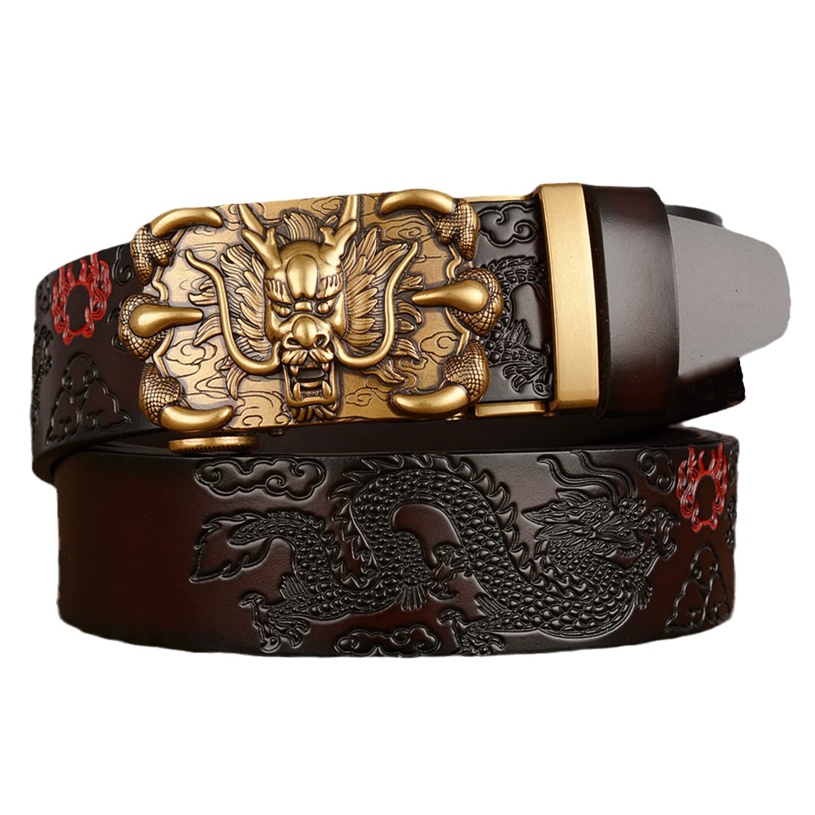 Cinturón De Cuero De Vaca De Color ámbar Quemado De Trinquete En Relieve con Dragón De Oro Deslizamiento Automático Hebilla Ajustable 35mm Cinturones(125cm/waist:43", Dragon~F)
